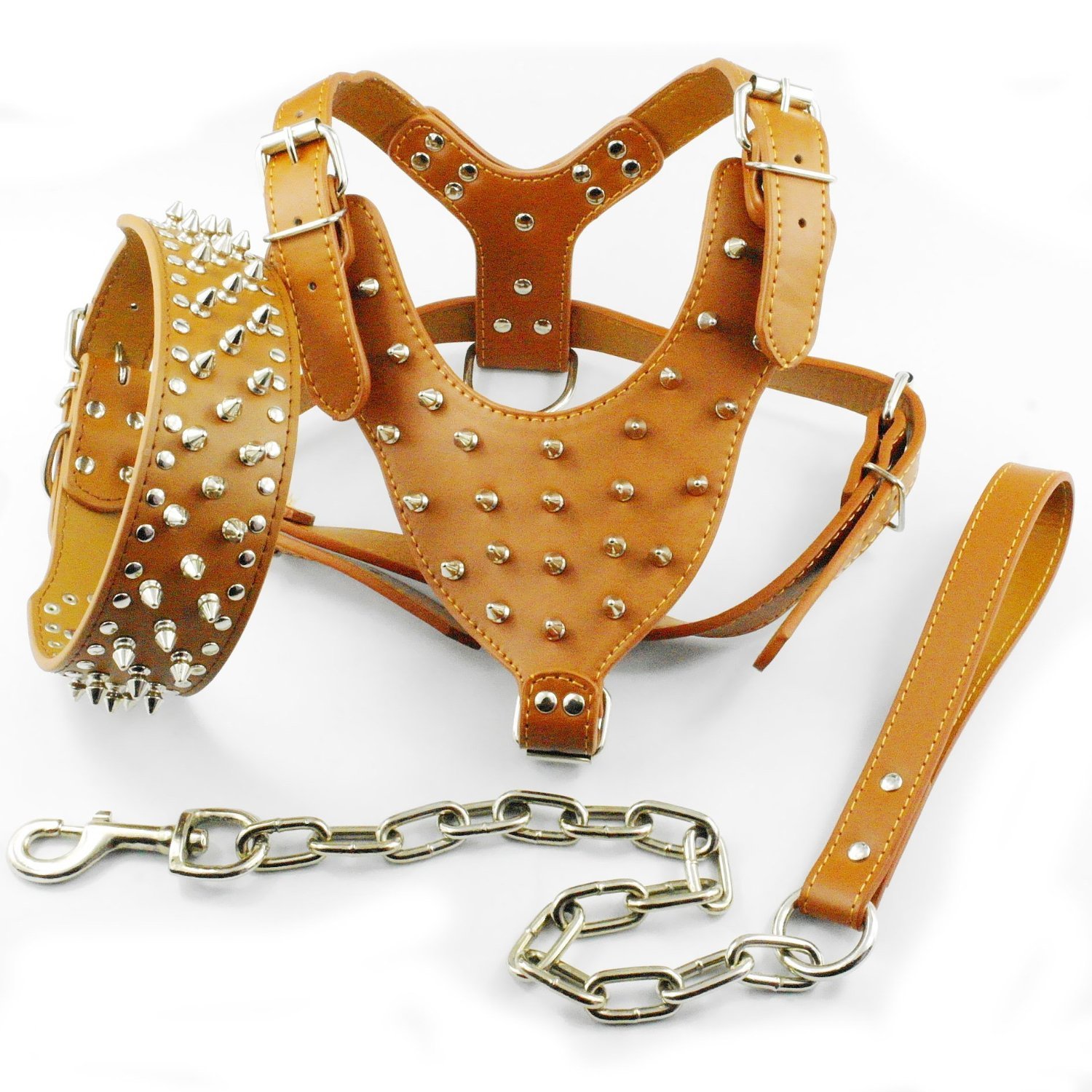 Dog Kingdom Spiked Studded Leather Dog Pet Collar Harness Leash 3pcs Set Walking Pitbull Boxer Brown M