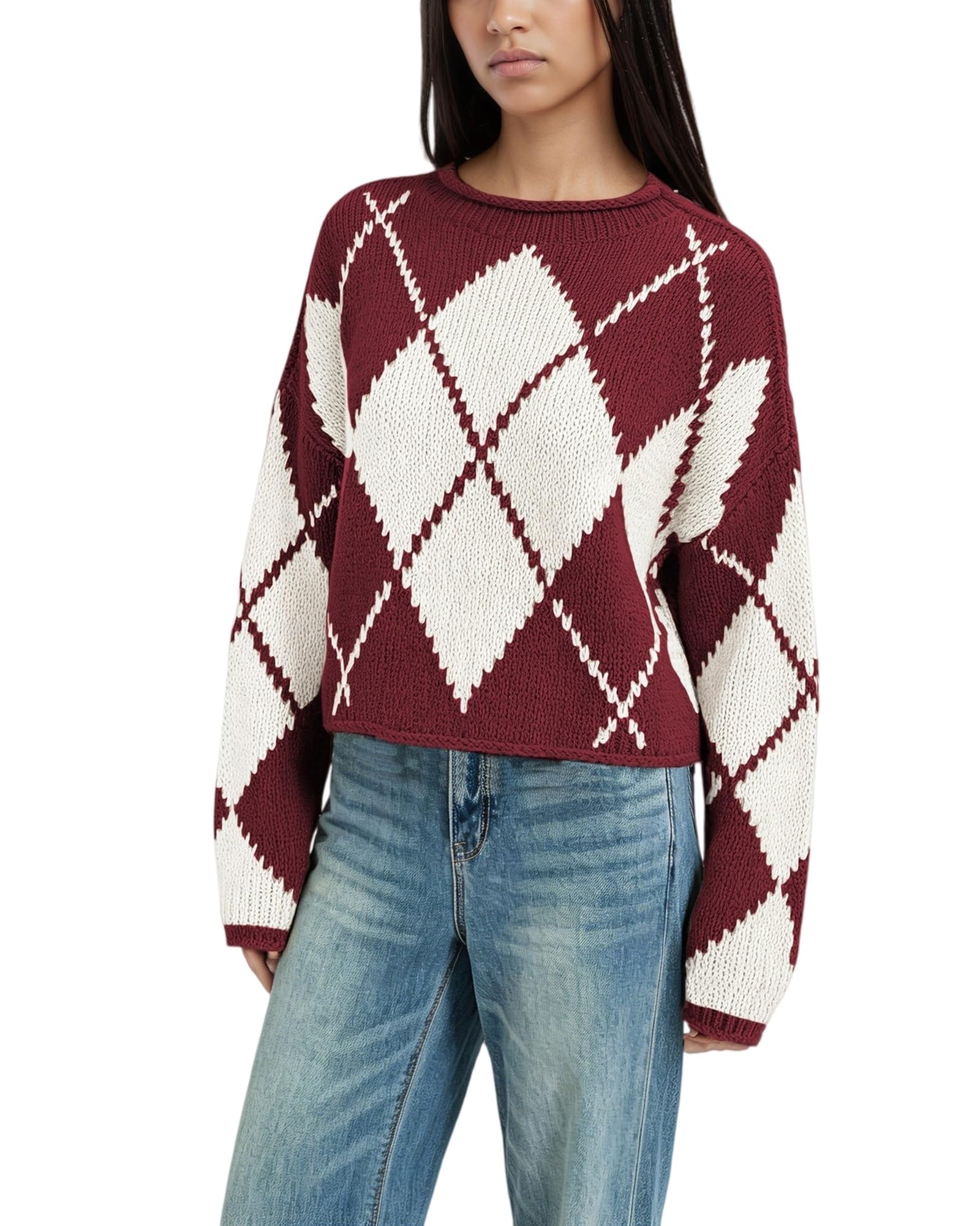 Damski sweter Argyle z okrągłym dekoltem z długim rękawem luźny sweter z