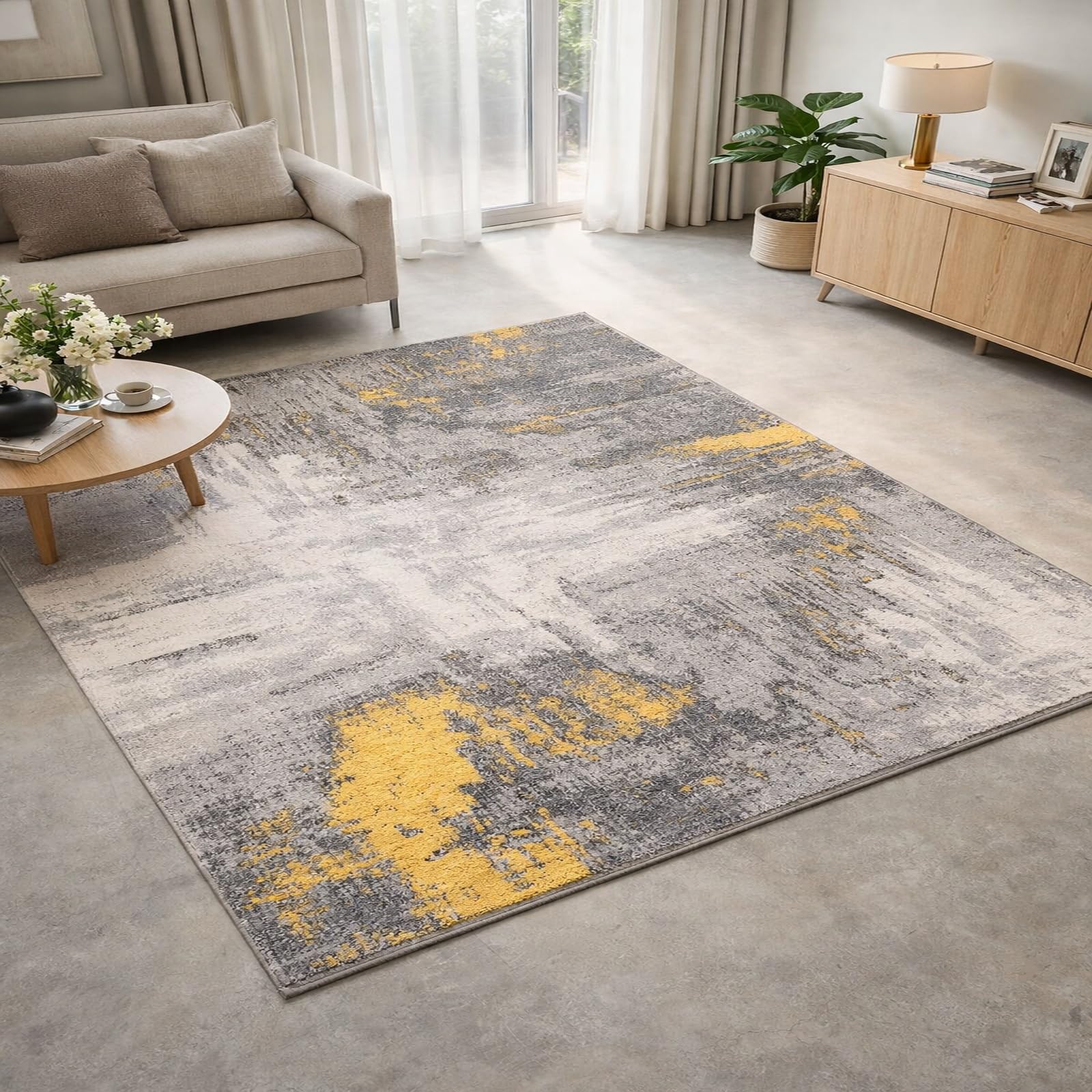 Tapis salon gris blanc jaune 120x185 cm abstrait pour deco table basse et chambre ado fille