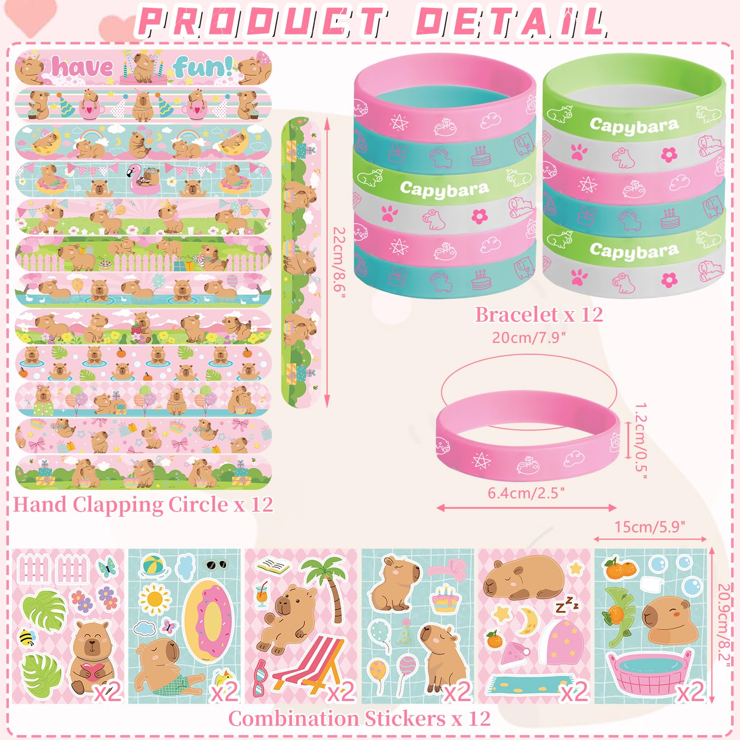 Articoli per feste a tema Capybara rosa, tra cui sacchetti regalo, adesivi, spille e braccialetti per una festa di compleanno a tema Capybara