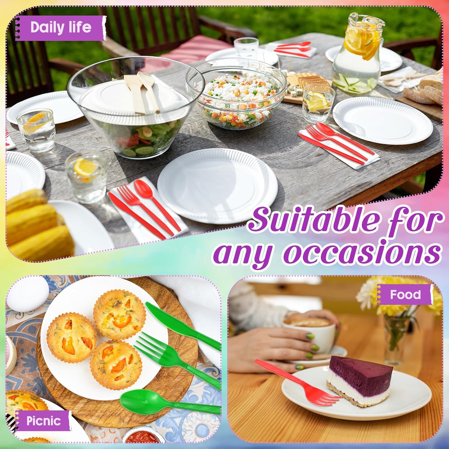 Zhehao 405 Pcs Hard Plastic Utensils Plastic Silverware Set Cutlery Set Disposable Flatware Dinnerware Forks 135 Spoons and Knives Birthday Wedding Party Dinner(Solid Color,Classic Color)