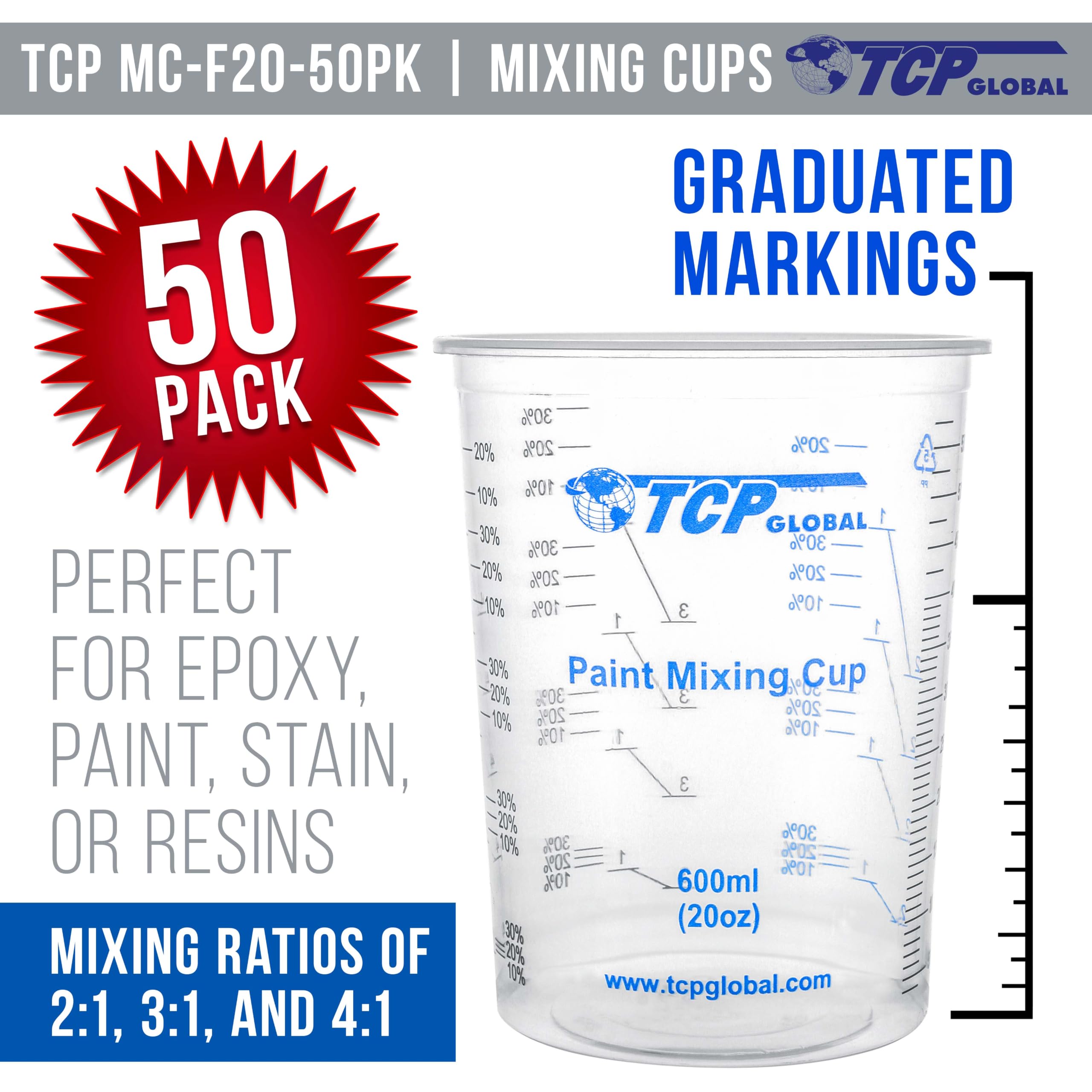 TCP Global 600 ml Einweg-Mixbecher aus Kunststoff, flexibel, transparent, abgestuft, Box mit 50 Bechern und 50 Rührstäben, Verwendung für Farbe, Harz, Epoxid, Kunst, Küche, 4-1, ML