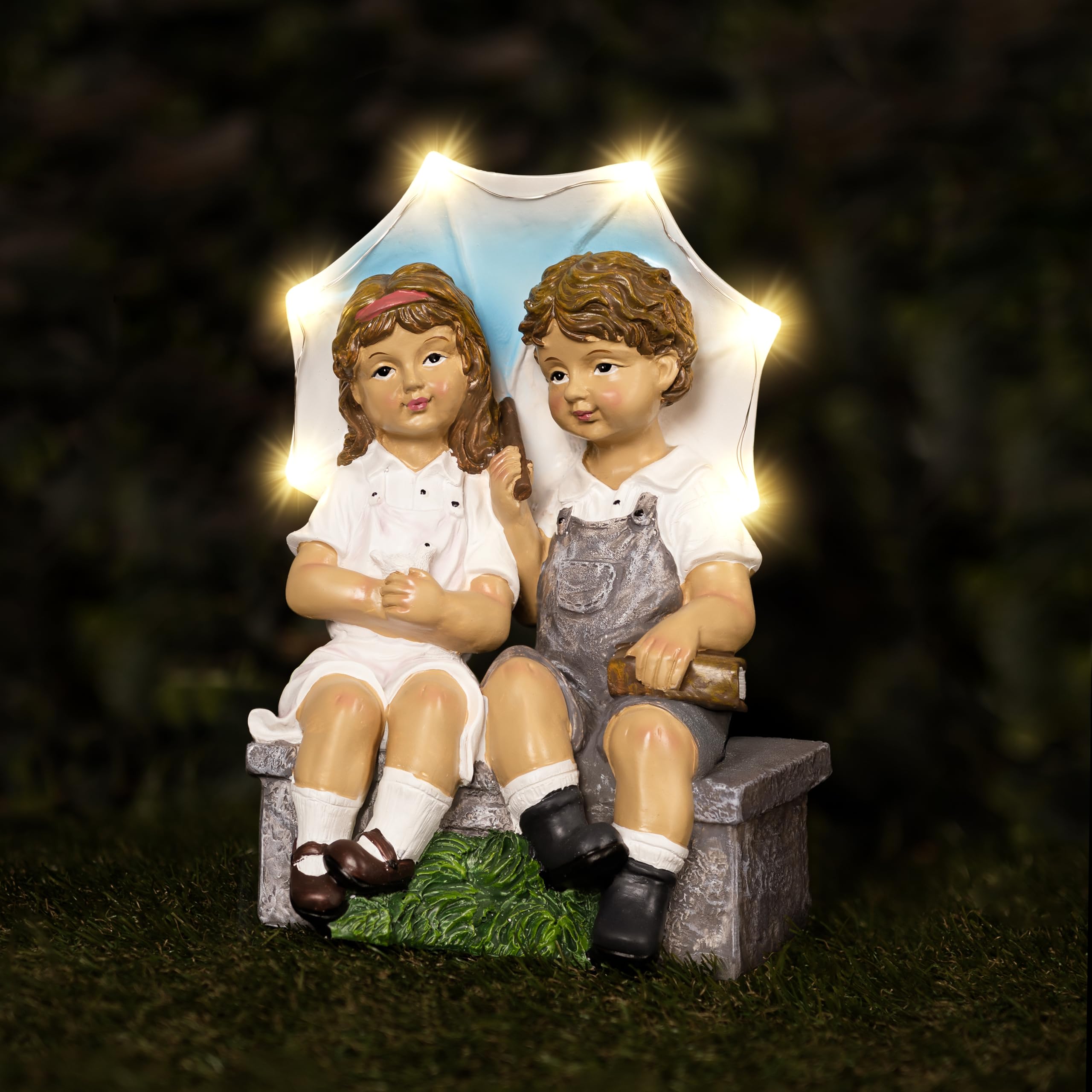 Solar Garden Ornament Light up Umbrella Boy and Girl Resin Weatherproof Statue Garden Decoration Boy and Girl Figurine Solar Powered Umbrella, Sculpture for Outdoor,Patio Decor