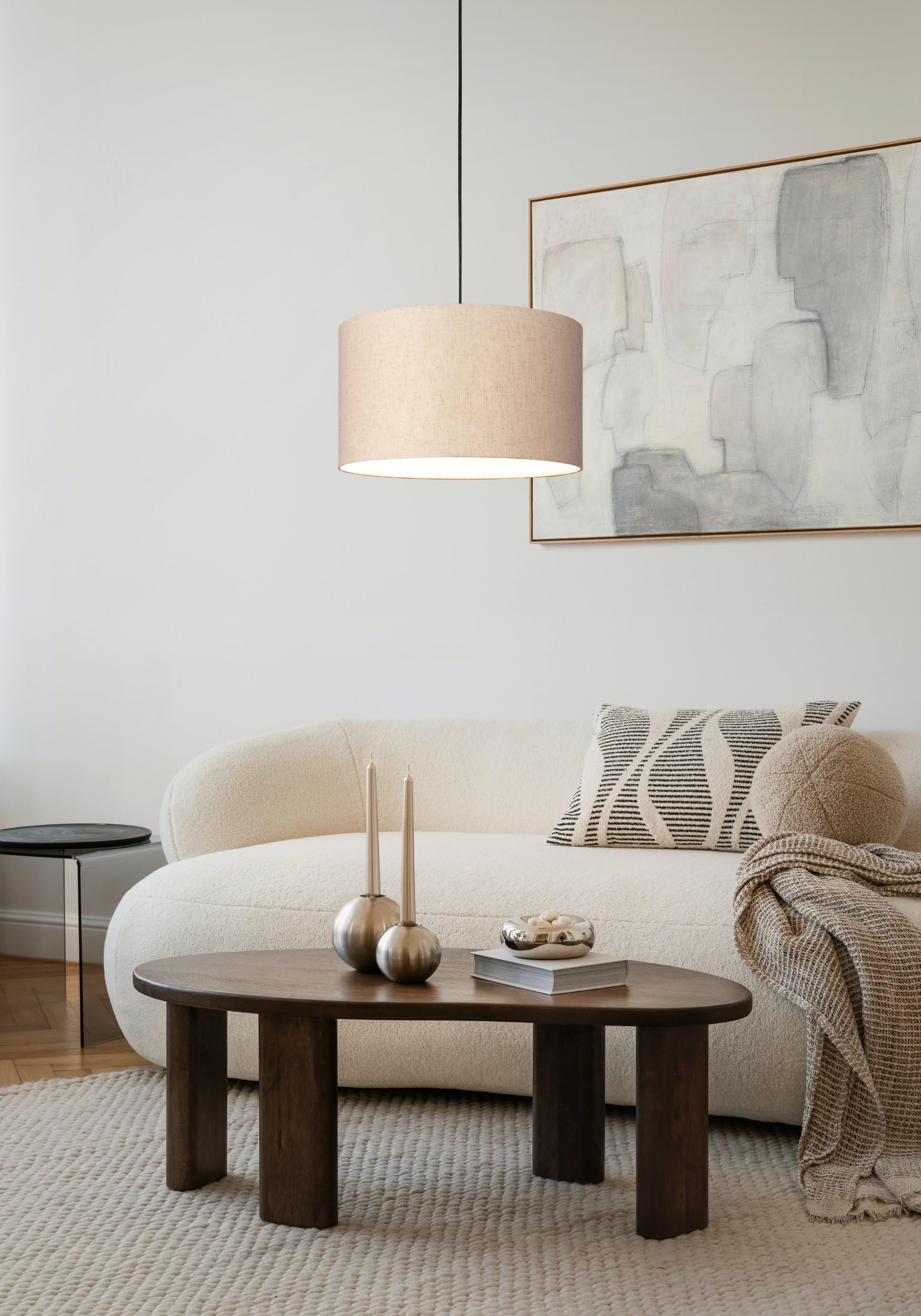 Eglo Suspension luminaire Feniglia, lustre pour salon et salle à manger | lampe de plafond suspendue en lin naturel et métal noir, douille E27, Ø 38 cm