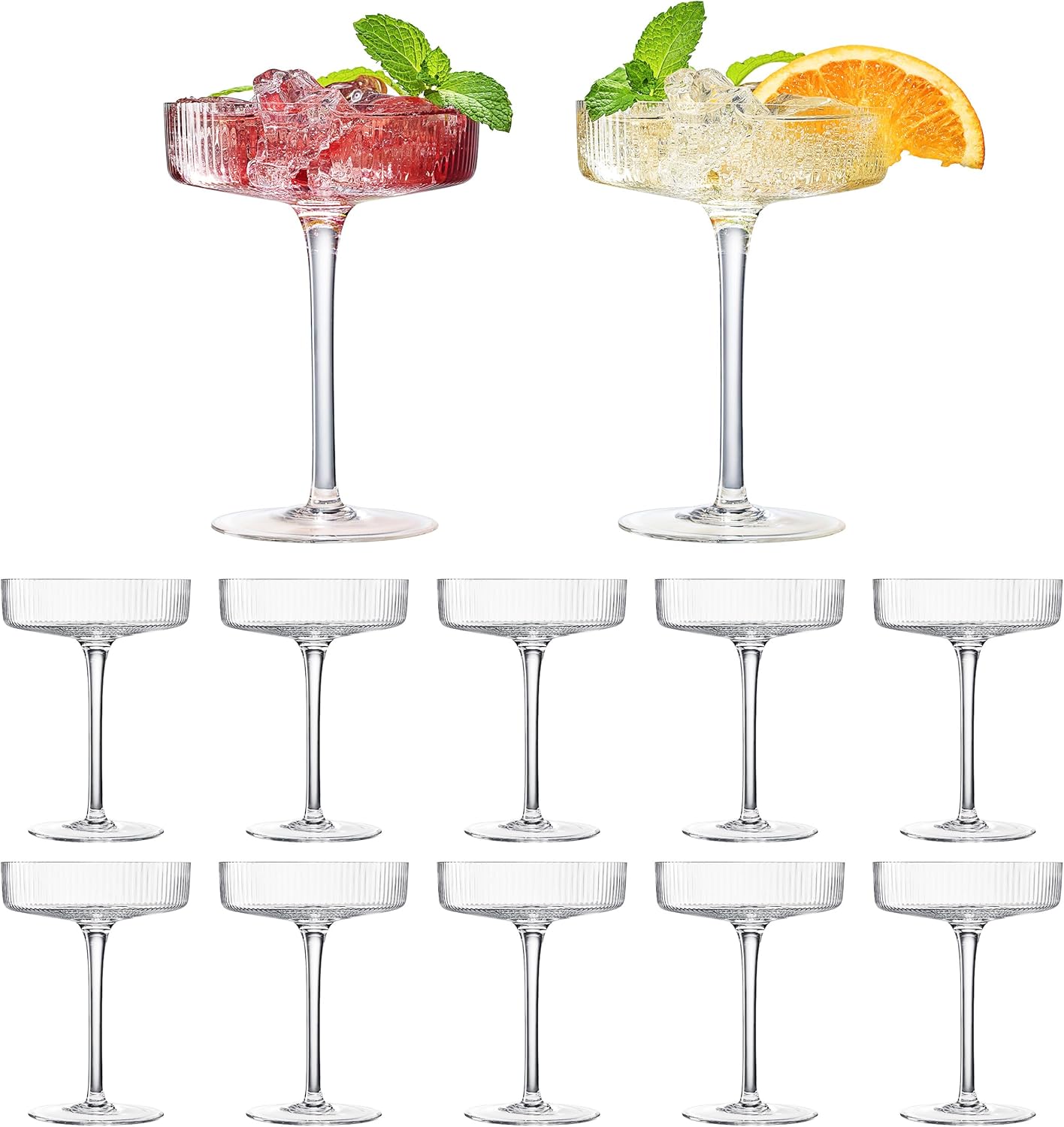 Khen Ribbed Vintage Art Deco Coupe Glasses - Martini, Champagne & Cocktail Ribbed Glasses 8oz | Cute Crystal Glassware Sets - Goblet Stemmed Ripple Glassware, Housewarming Glass Gifts, Clear, 12 Piece 12 Clear