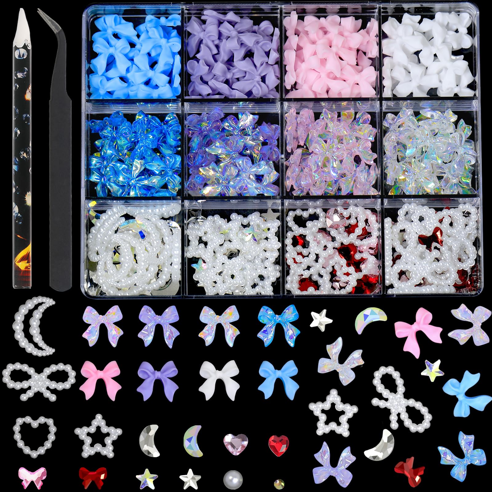 3D Multi Shapes Nail Charms Flatback Pearls White Heart Moon Pearl Colourful Bow Nail Charms Nail Gems Diamond Flatback Rhinestones For Nail Art DIY Crafts Designs Decoration With Tweezers Pickup Tool