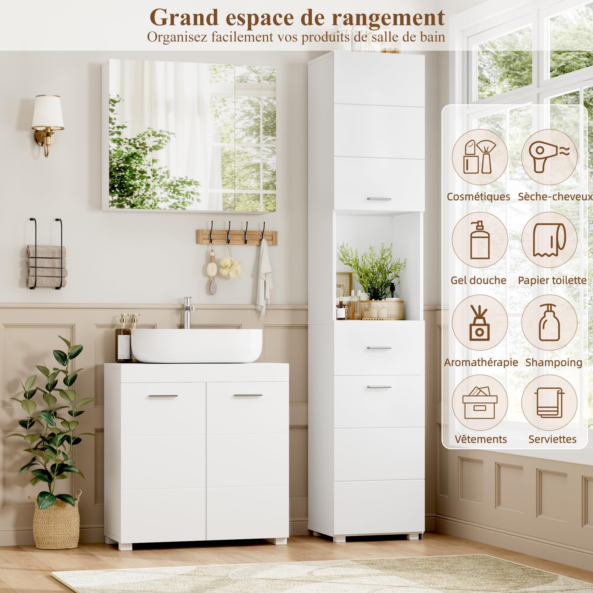 FOREHILL Meuble Colonne Salle de Bain 180cm Armoire de Salle de Bain Blanc | Meuble salle de bain étroit, 37x30x180cm, Armoire haute, colonne salle de bain avec 2 portes 1 tiroir, Gain de place, Moderne