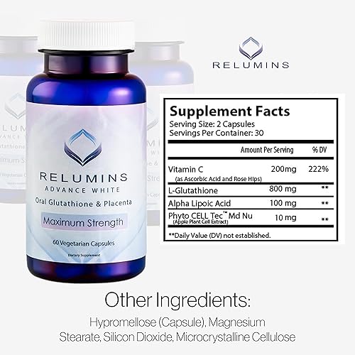 Miniatura 8 de Relumins Advanced White - Cápsulas de fórmula iluminadora de glutatión oral de máxima fuerza con escaramujos, 60 cápsulas x 10 botellas