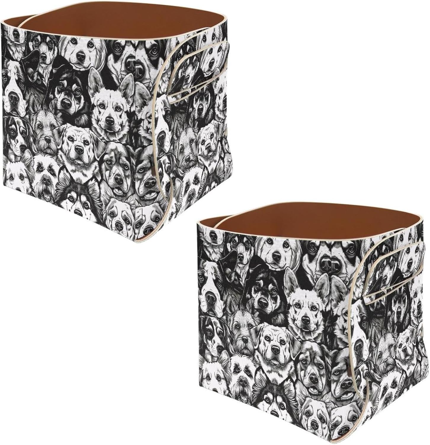 Collapsible Leather Storage Box Organizer, Variety of Dog Breeds Seamless Pattern Hand Drawn Home Office Desk Pencil Holder Makeup Brushes Holder for Women Men