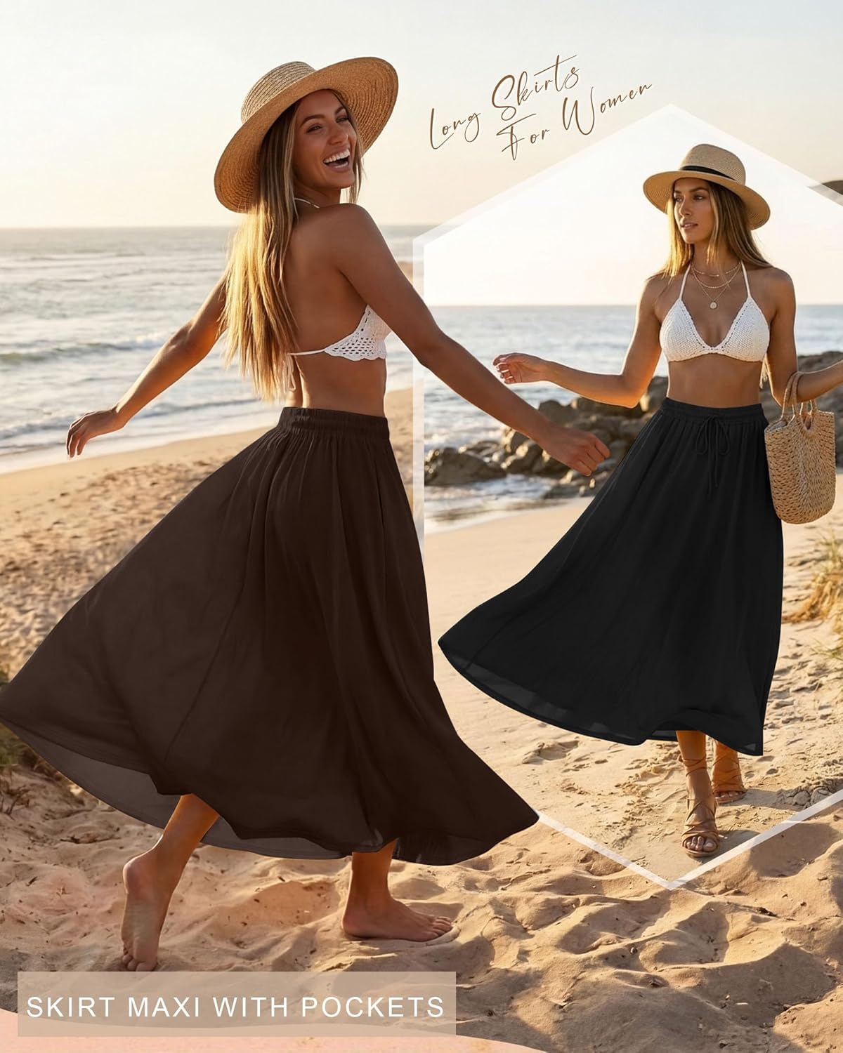 Ficerd 3 Pack Women's Maxi Long Skirts, Ankle Length a Line Elastic High Waist Summer Casual Drawstring Skirts with Pockets - Image 3