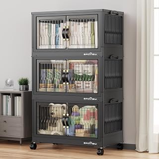 BROVIEW 180Qt Stackable Storage Bins with Lid & Wheels, Plastic Collapsible Closet Organizers and Storage Drawers for Clothes | Foldable Storage Cabinet Container for Dorm Kitchen 3Pack Black