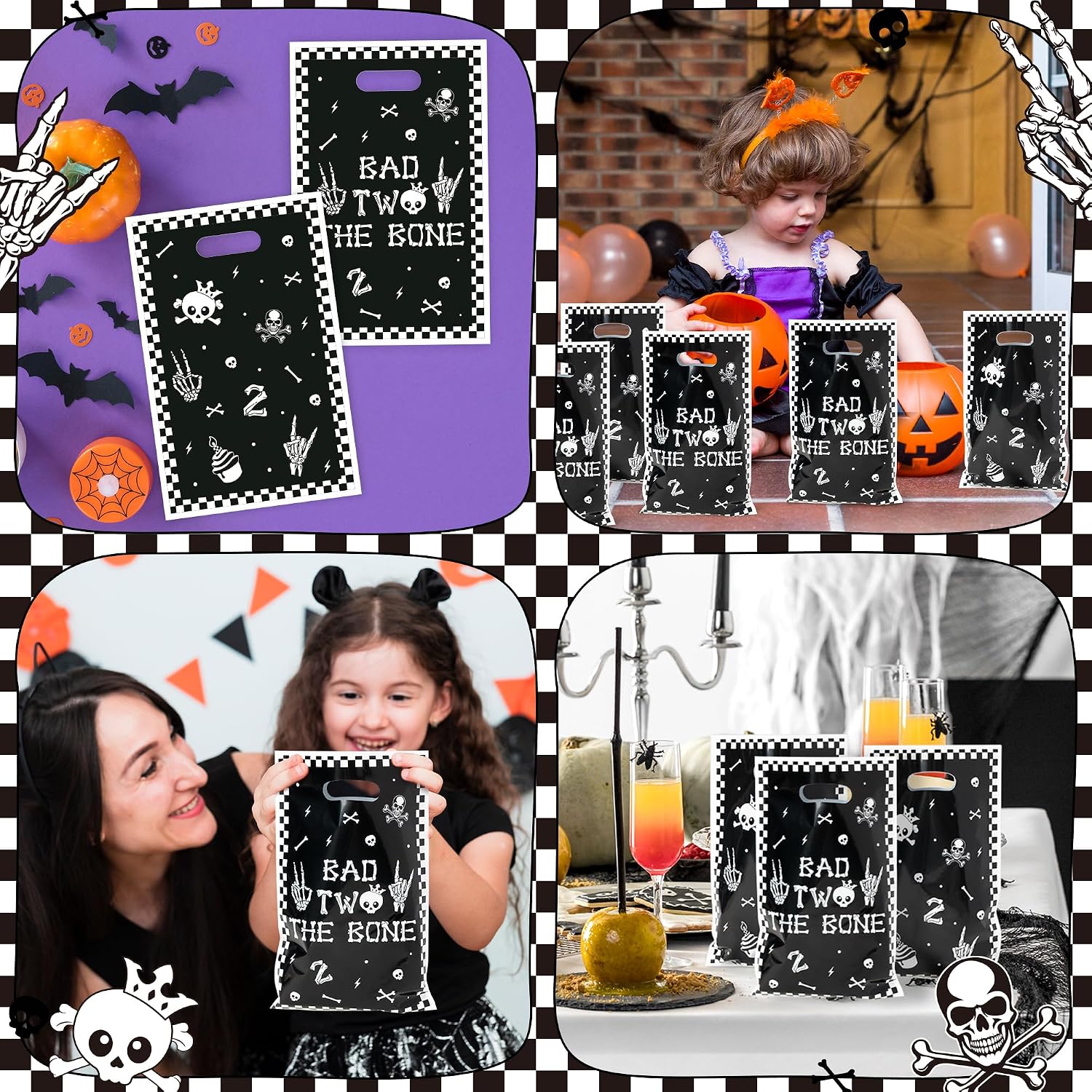K1tpde 50PCS Black Bad Two The Bone Party Favor Bags, Music Plastic Goodie Gift Bag Bulk with Handle for Kid, Rock and Roll 2nd Birthday Decoration for Girl, Bad To The Skeleton Party Supply