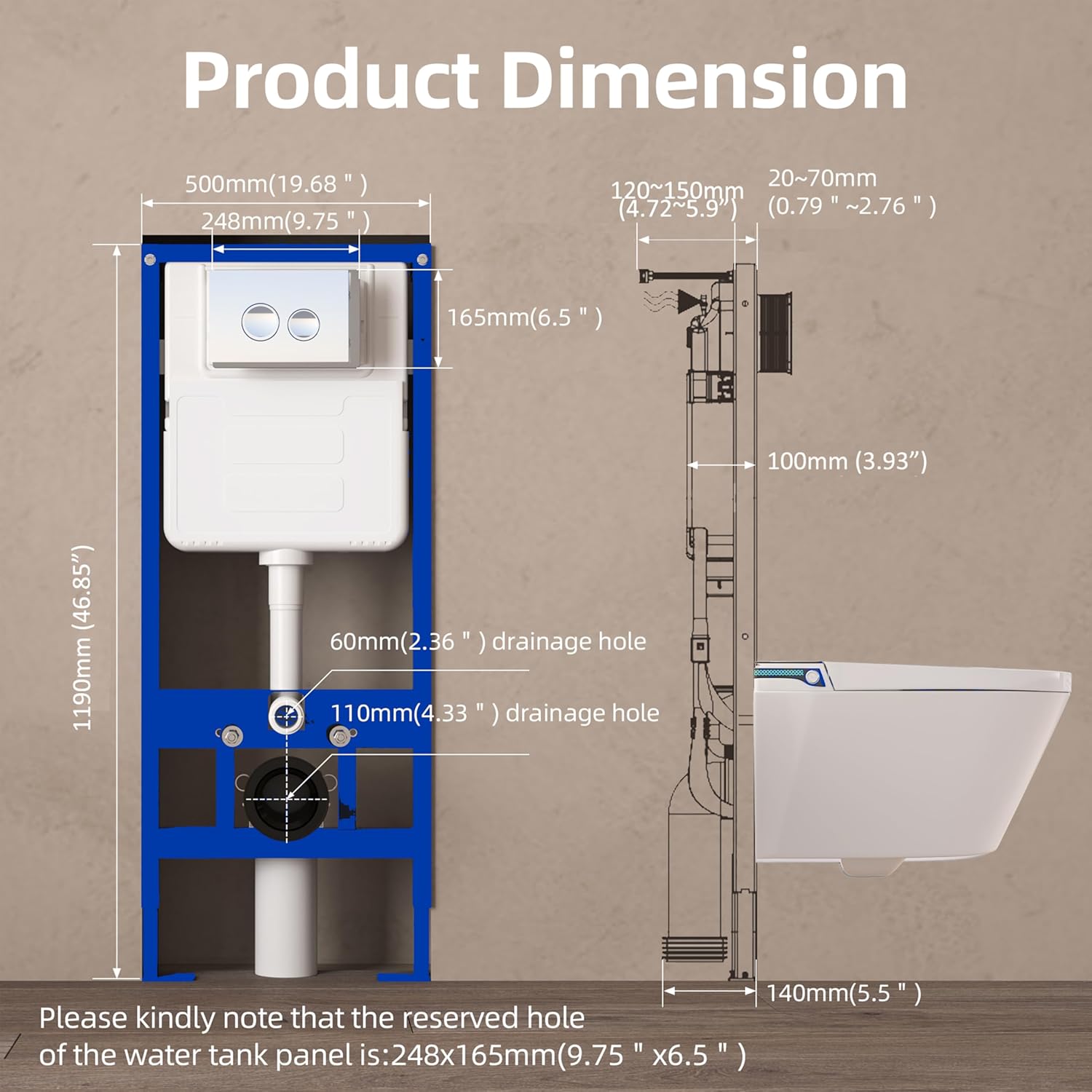 MEJE #MZE014P- In-Wall Toilet Tank Carrier with Dual-Flush Actuator Plate, White (Compitable with #MZE014P Wall-Hung Smart Toilet to work as A Intelligent Toilet Combo)