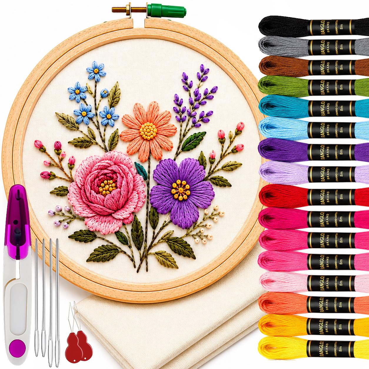 Beadsz Embroidery Punch Needle Kit for Beginners, 8 Inch Wooden Hoop, 12 Color Embroidery Threads, 4 Big Eye Needles, 2 Threaders & Cutter DIY Sewing Craft Kit-image-28
