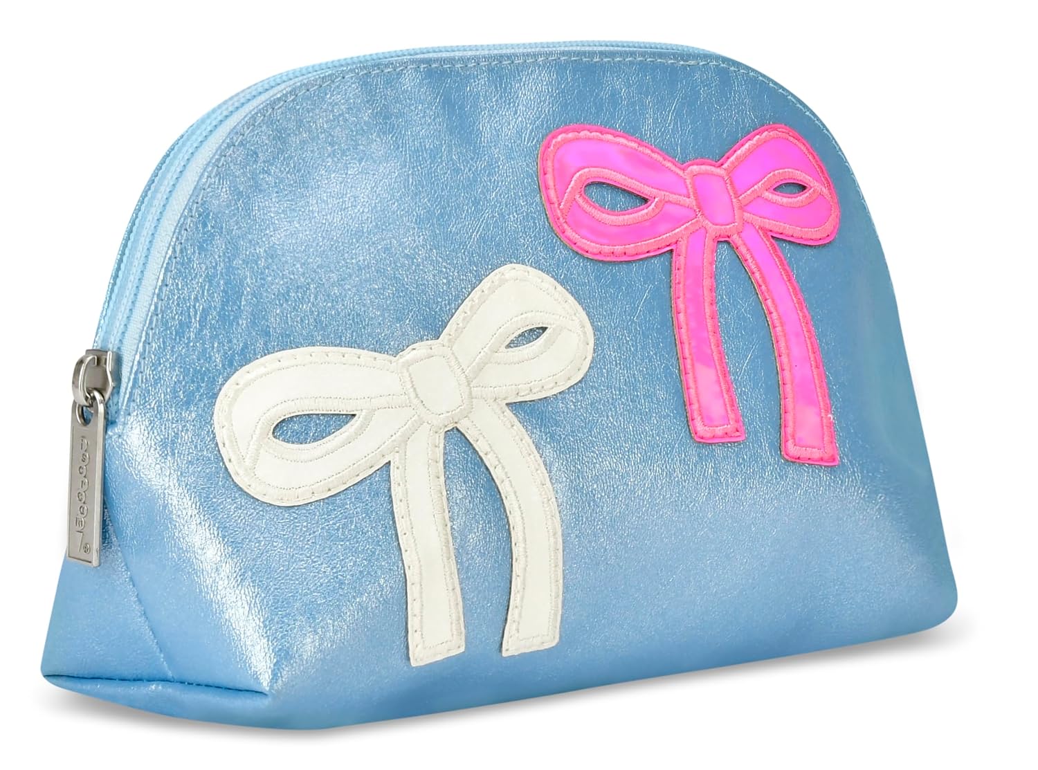 iscream 8.25" x 5" Faux Shimmer Leather Fully Lined Wide Zipper Opening Cosmetic Bag - Applique Bows