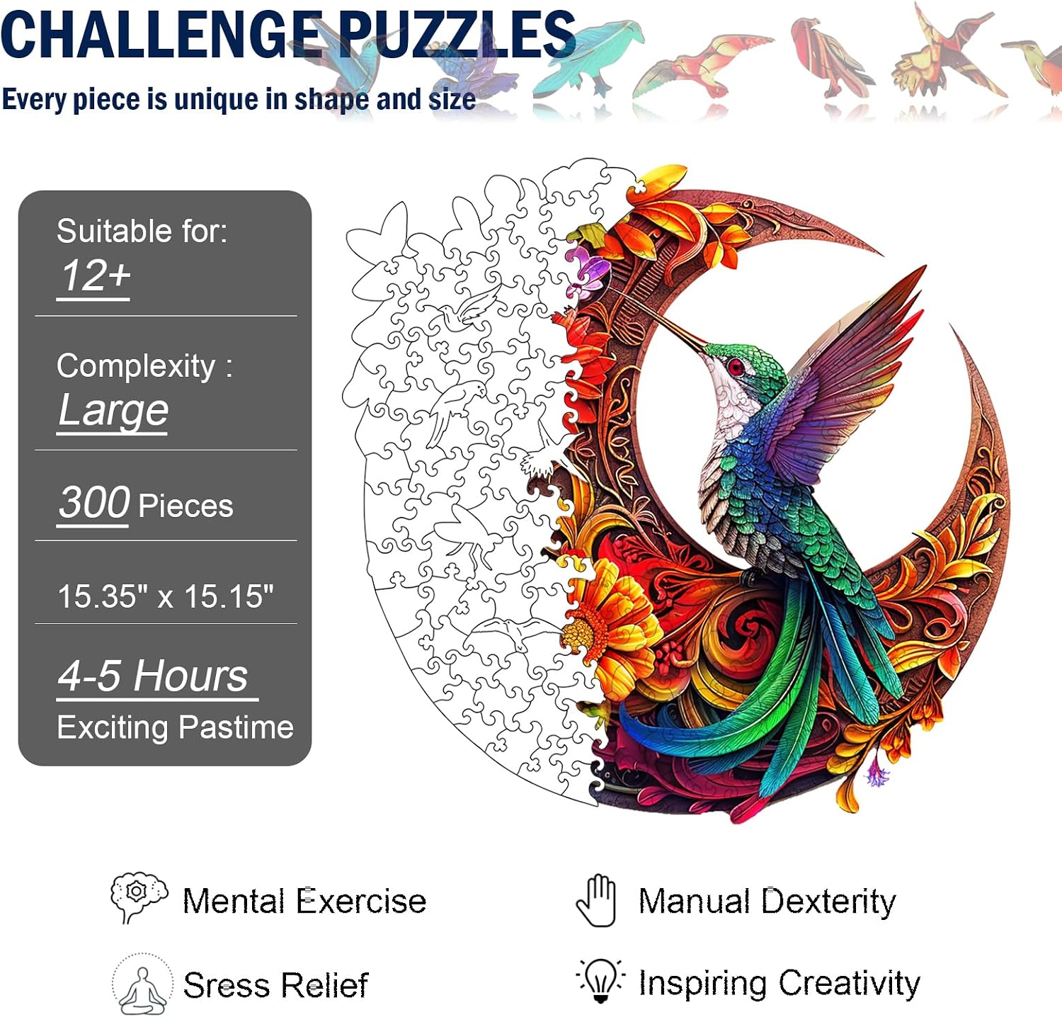 Unique Wooden Puzzles for Adults, Hummingbird Puzzle 300 Pieces 15.35" x 15.15", Animal Shaped Wood Puzzles Adult, Wooden Jigsaw Puzzles for Adults, Family Games for Kids and Adults