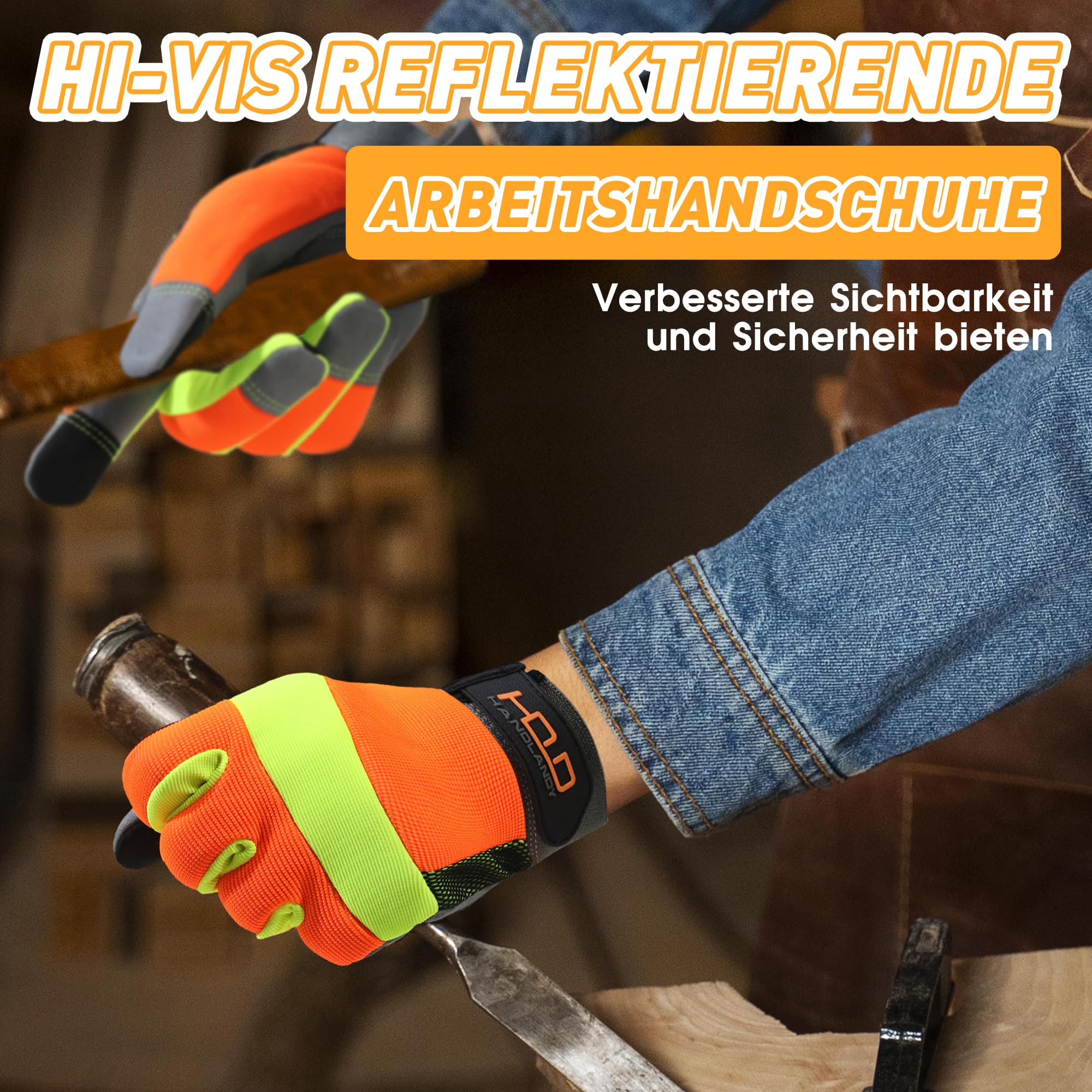 HANDLANDY 6 Paar Anti-Vibrations-Handschuhe, hochsichtbare reflektierende Sicherheits-Arbeitshandschuhe, Touchscreen, flexible Spandex-Rückseite, Anti-Vibrations-Handschuhe (L, Orange)