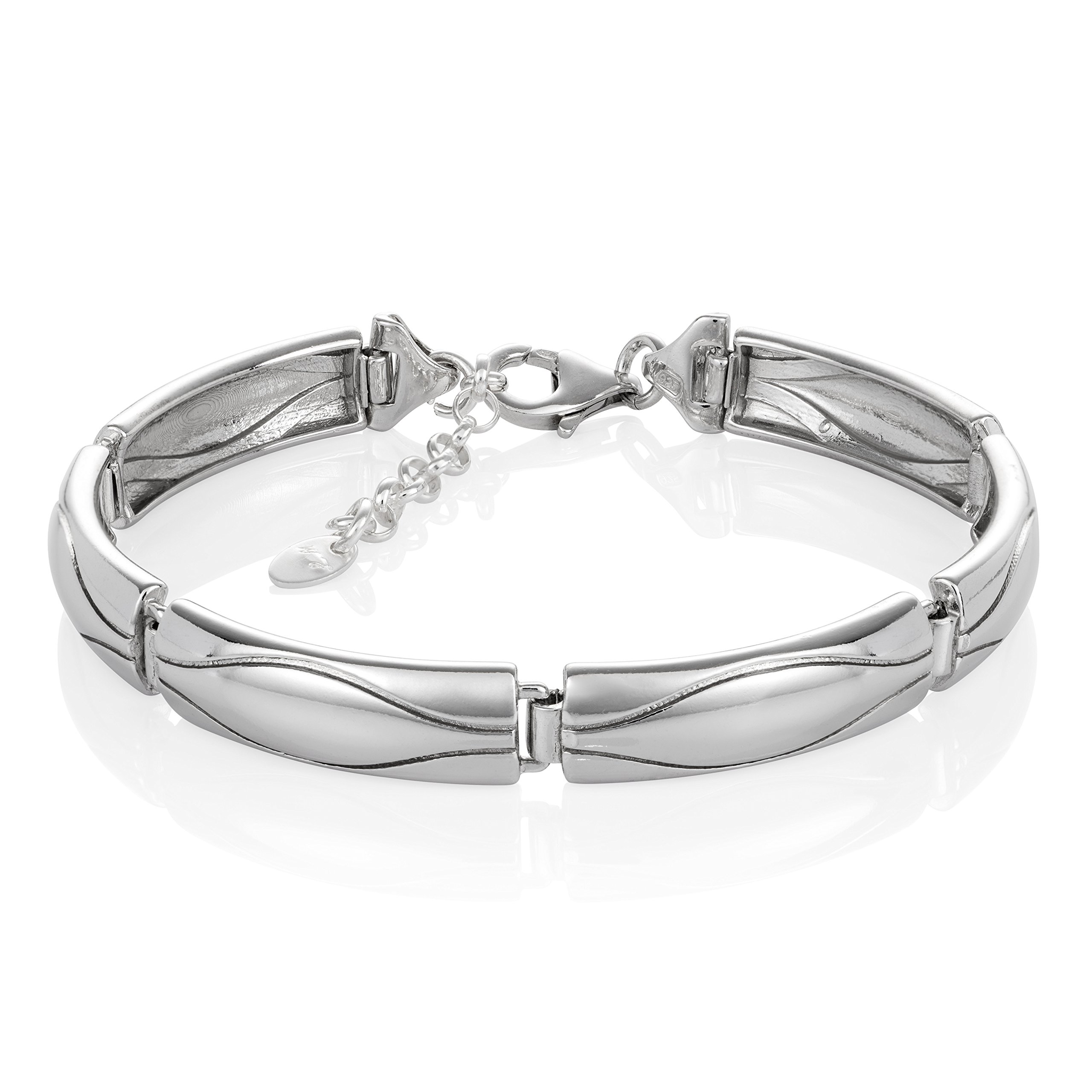 LillyMarie LILLY MARIE Pulsera Ancha De Plata De Ley Con Motivo Ondulado Y Cierre De Mosquetón