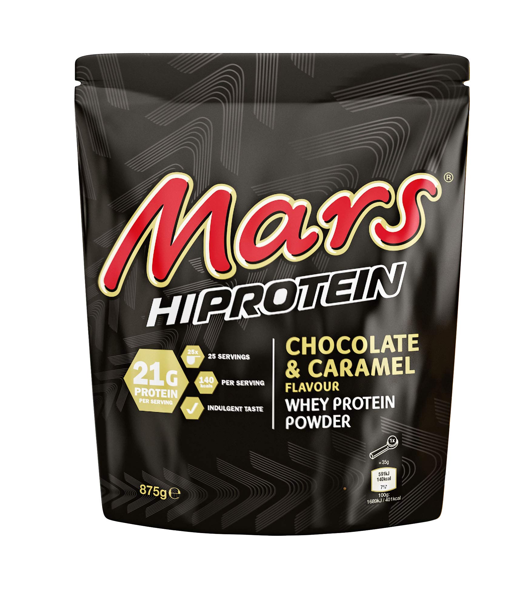 Mars Hi Protein Chocolate and Caramel Flavour Whey Protein Shake Powder 875g Pouch, Contains 25 Servings, 21g Protein Per Serving, Suitable for Vegetarians
