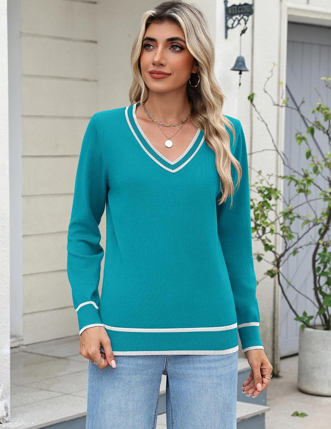 Zeagoo Women's 2026 Fall Long Sleeve Sweaters V Neck Dressy Casual Tops | Lightweight Basic Soft Loose Ribbed Knit Pullover, Trendy Fashion Spring Winter Clothing, Business Work Outfits