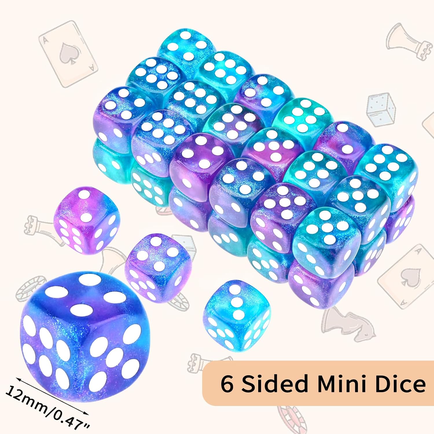36 of Pack 12MM 6 Sided MINI Dice Set,Two Colours Glitter D6 Game Dice Set, 6 Sided Standard Dices for Yahtzee, Bunco or Teaching Math,with Portable Plastic Box(Green Purple) image 2