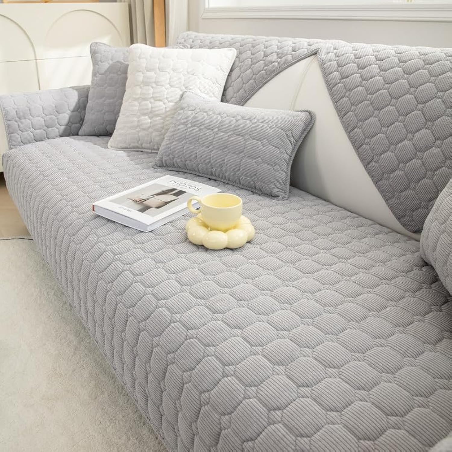 JIAN YA NA Sectional Couch Cover, Corduroy Sofa Slipcover for Pets and Kids, Anti-Slip Washable Furniture Protector for 3-Cushion Couch, Loveseat, Recliner, L-Shaped Sofa, Armrest & Backrest (1 Piece)