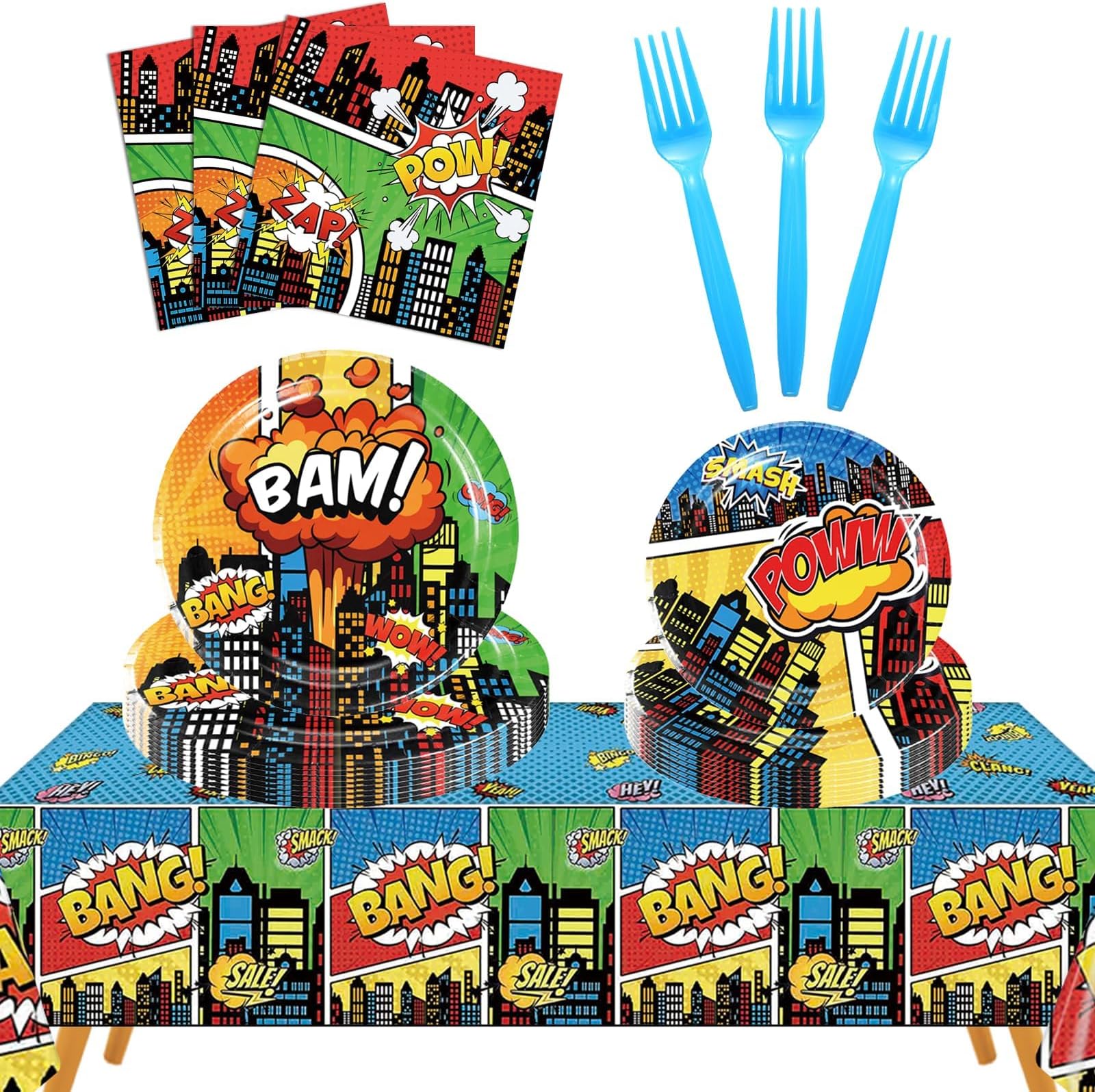 97 Pcs Super Party Supplies Serves 24,Superhero Party Decorations Includes Plates, Napkins, Tablecloth,Forks for Boys Birthday Party Decorations