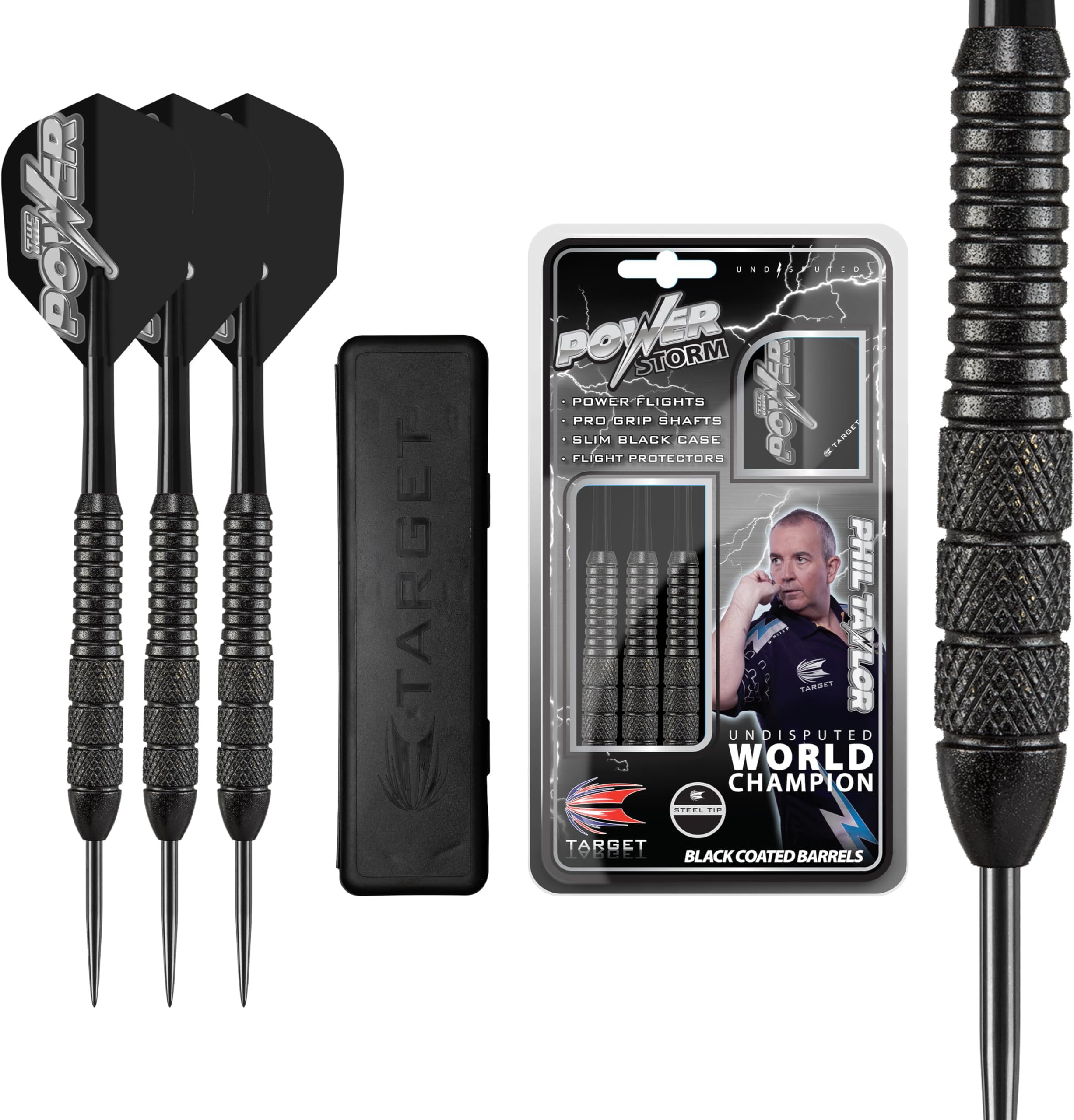 Target Darts Phil Taylor Power Storm Black, 22/24G Brass Steel Tip Darts Set | Player Edition Phil Taylor Darts Set with Storage Case, Beginner Dart Sets, Phil Taylor Dart Kit