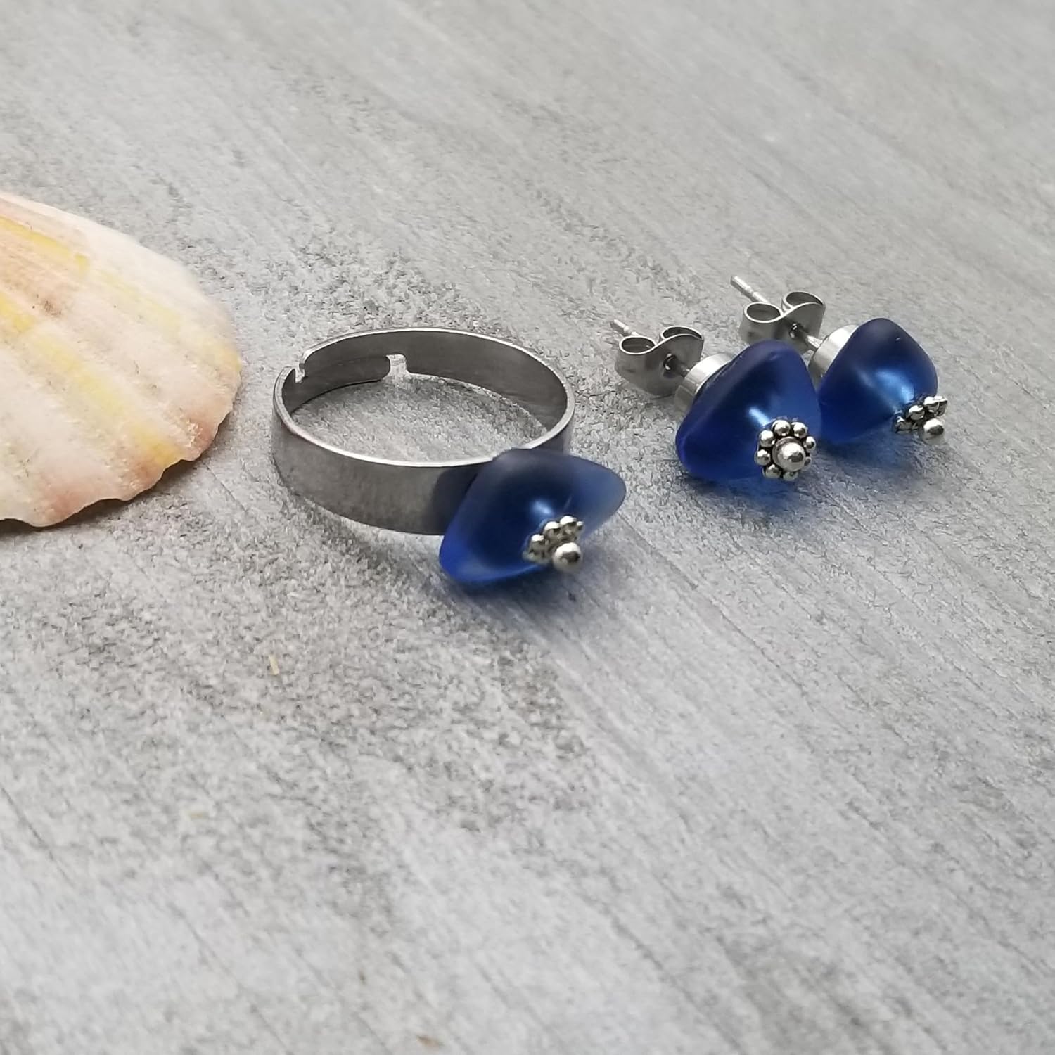 Hawaii Handmade Sea Glass Jewelry Set, Matching OneSizeFits All Ring and Stud Earrings Set, Cobalt Blue Sea Glass Jewelry Set