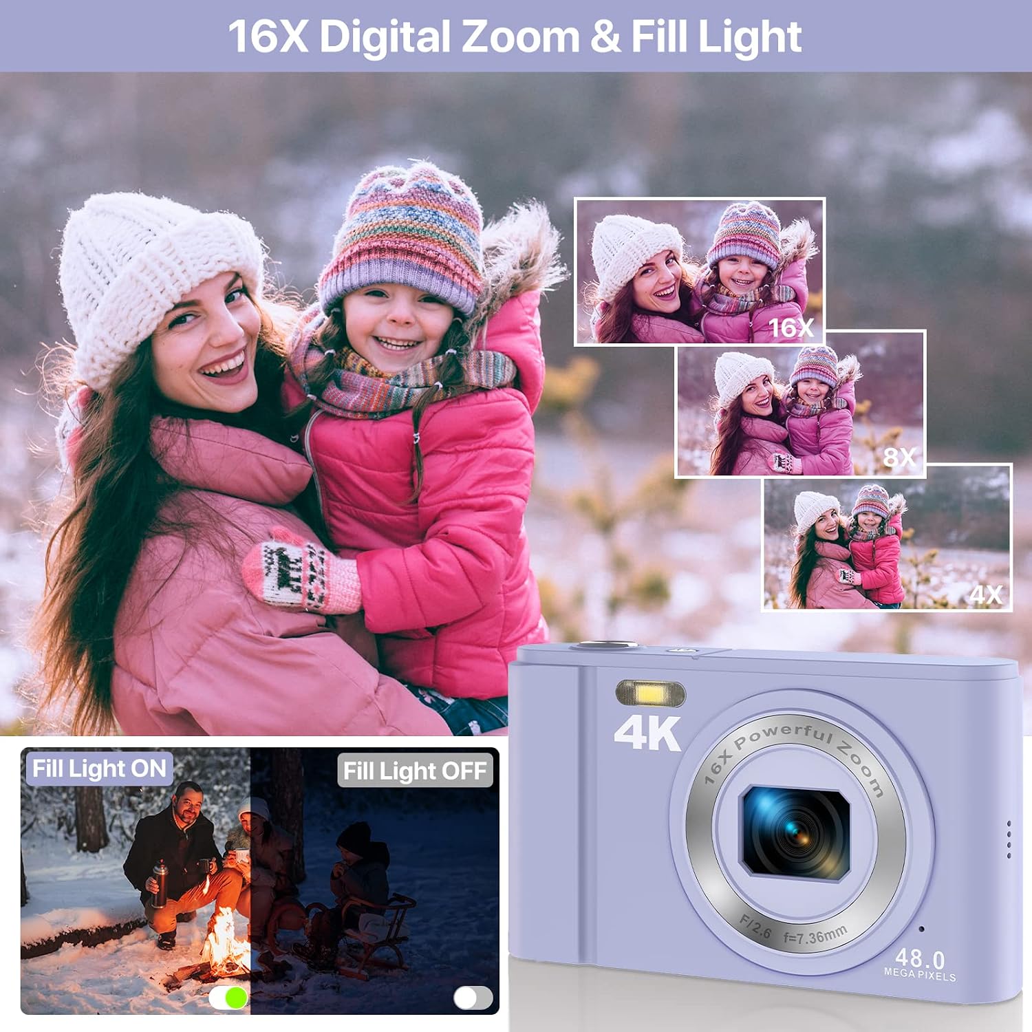 Digital Camera, 4K 48MP Kids Camera with 16X Zoom 32GB SD Card, Compact Mini Pocket Camera Adult Seniors Students Kids Beginner(Purple)