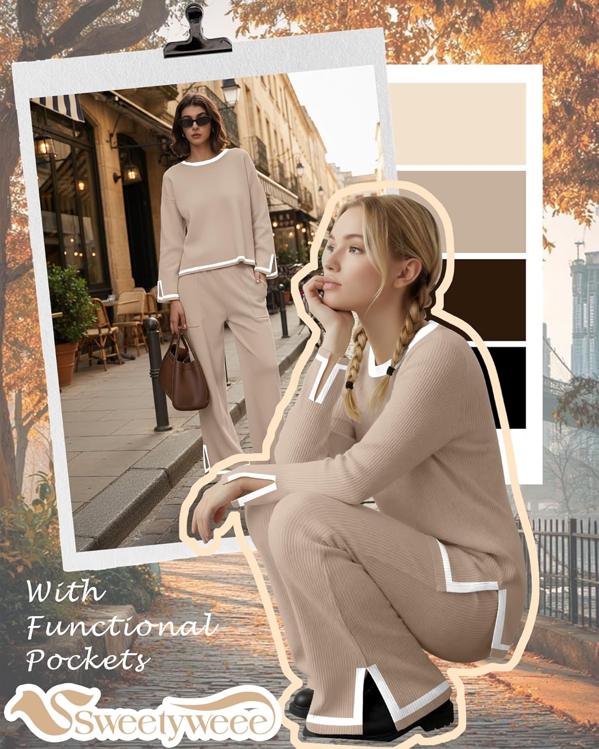 Women's 2 Piece Sweater Set Long sleeve Knit Top Wide Leg Pants Lounge Sweatsuit Fall Winter Outfits with Pocket - Image 6