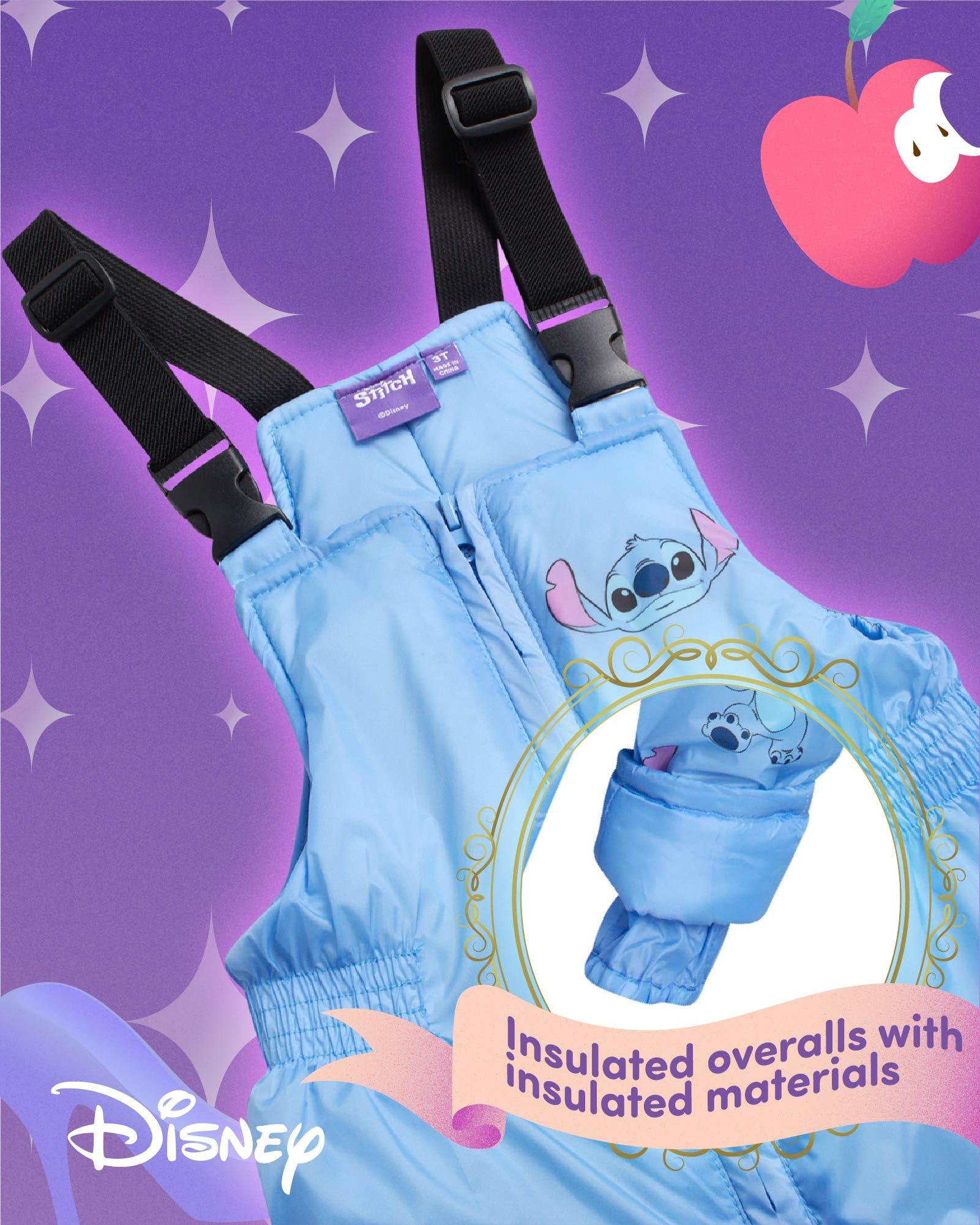 Disney Ensemble de neige pour filles – Minnie Mouse, Lilo & Stich – Veste de ski et pantalon à bretelles pour tout-petits/petites filles (2T-7)