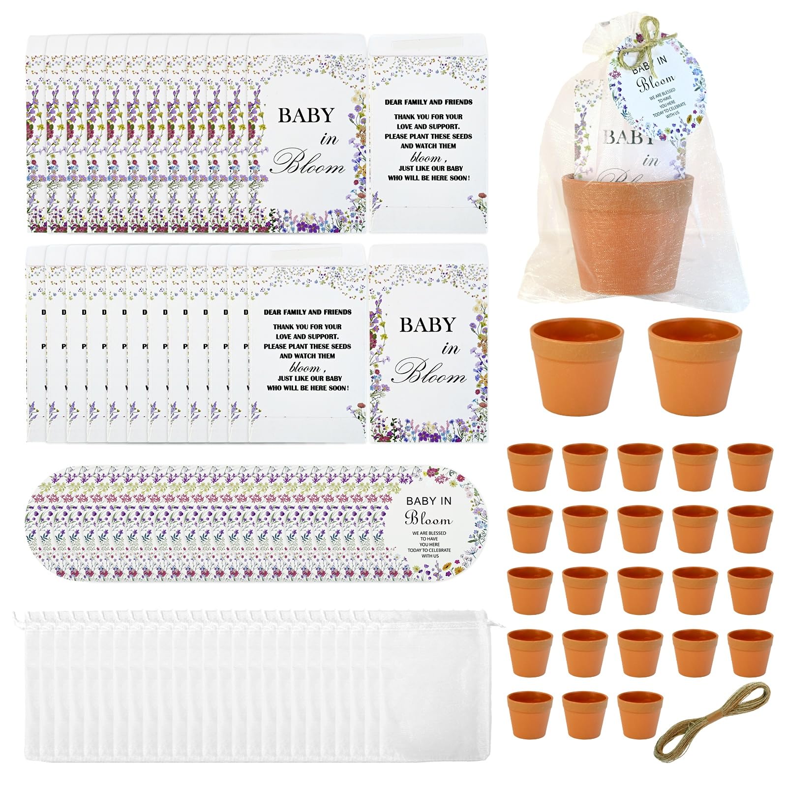 25 Sets Baby In Bloom Baby Shower Favors for Guests Include Mini Terracotta Pots Seed Packets Self Adhesive Envelopes Greeting Cards Organza Bags Thank You Gifts for Party Supplies Wildflower Theme