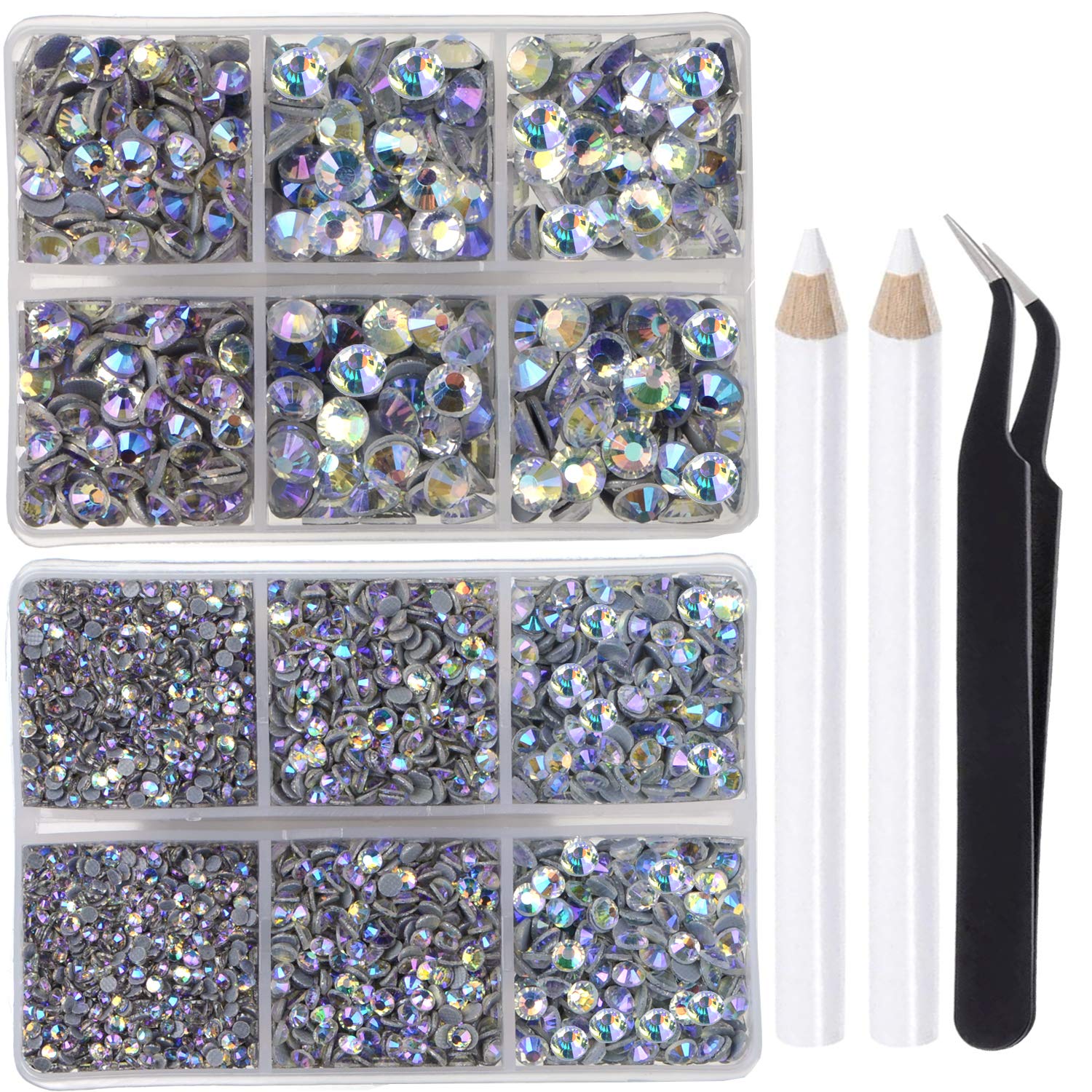 LPBeads 6400 Pieces Hotfix Rhinestones Paradise Shine Flat Back 5 Mixed Sizes Crystal Round Glass Gems with Tweezers and Picking Rhinestones Pen