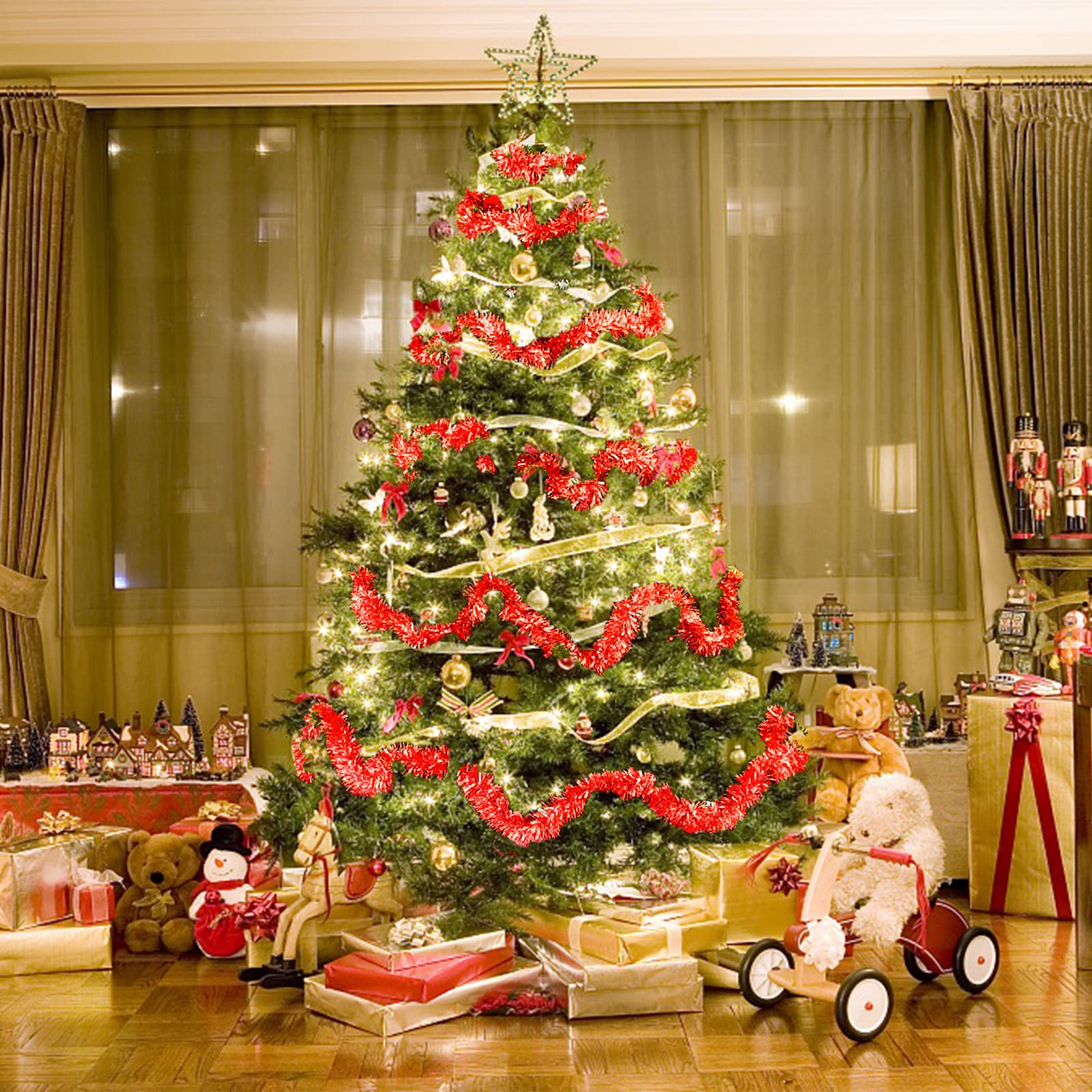 Espumillon Arbol Navidad, 20M/ Paquete de 10 Guirnalda Navidad Metálico Oropeles Brillantes Espumillón Navidad Guirnaldas Navideñas Decoración para Boda Fiesta Hogar Interior y Exterior Rojo