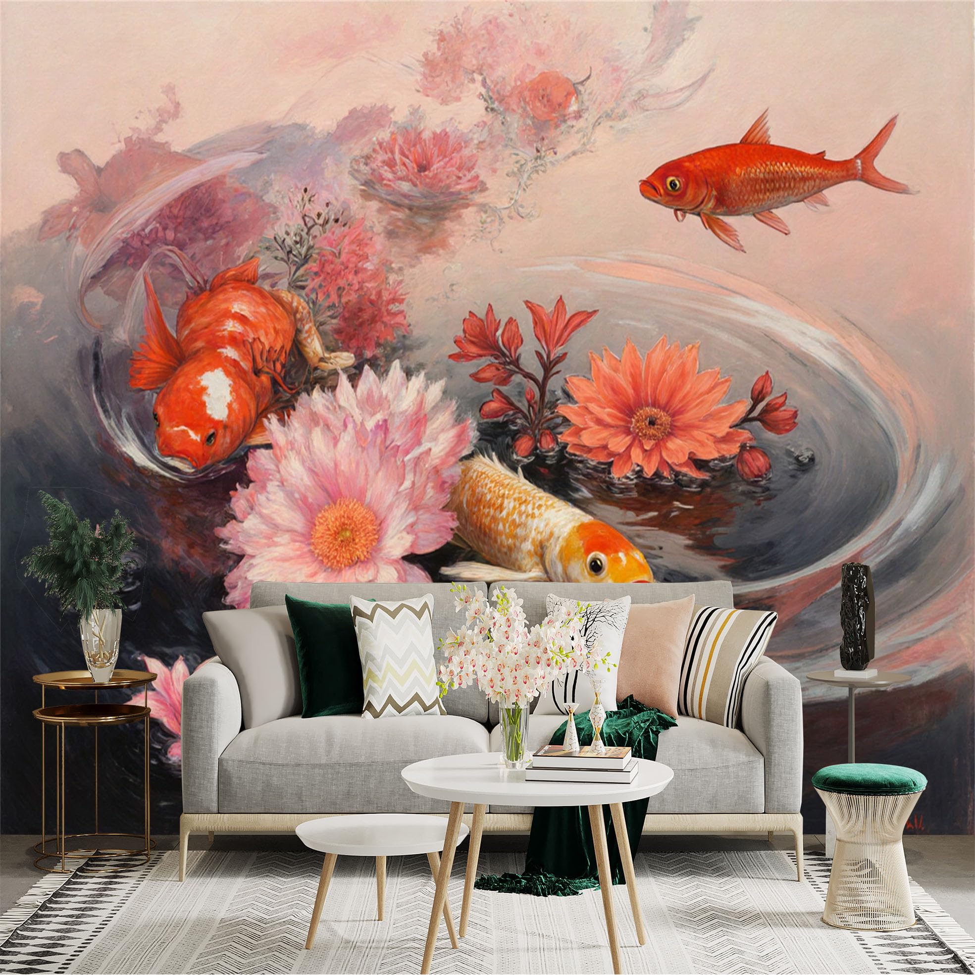 Custom Size Wall Sticker Mural， Koi Fish and Lotus Flowers in Water with Ripples， for wall Decoration， peelandstick wall Decals.