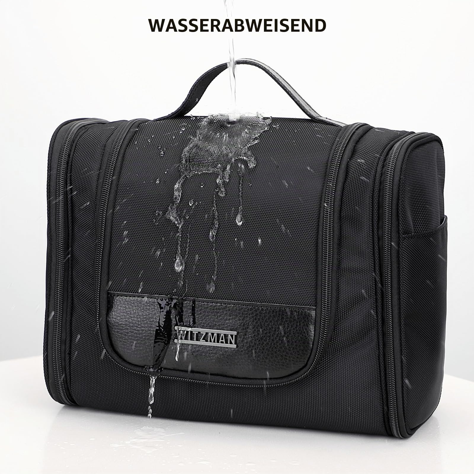 WITZMAN Kulturbeutel Herren Nylon Hängend Wasserfest Reise Kosmetiktasche | Mit Nass-Trennfach, Vielen Fächern für Ordentliche Aufbewahrung, Leicht, Große Kapazität, Für Reisen, Bad, B690 Schwarz