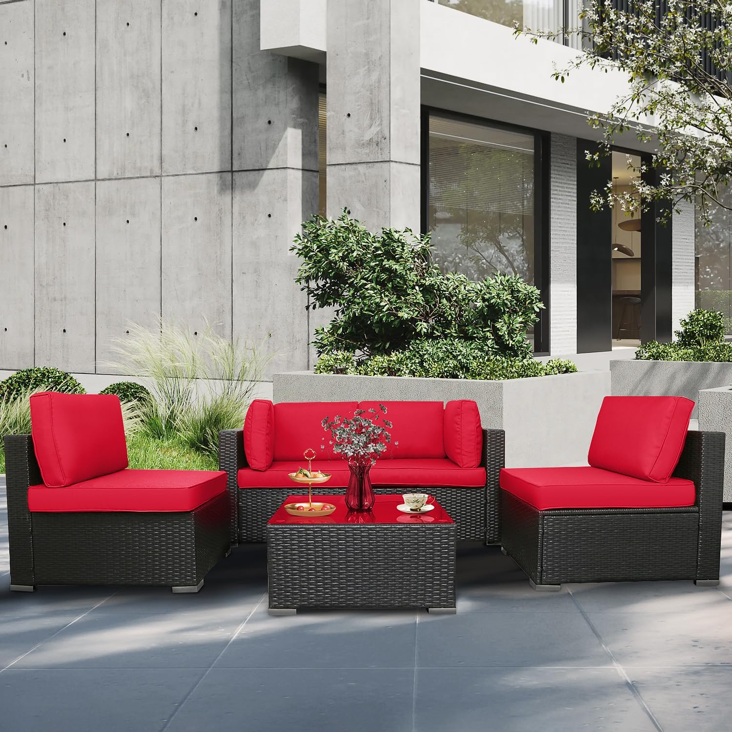 5pcs Patio Outdoor Furniture Sets,All-Weather PE Rattan Wicker Sectional Sofa with Washable Couch Cushions & Coffee Table - Red …