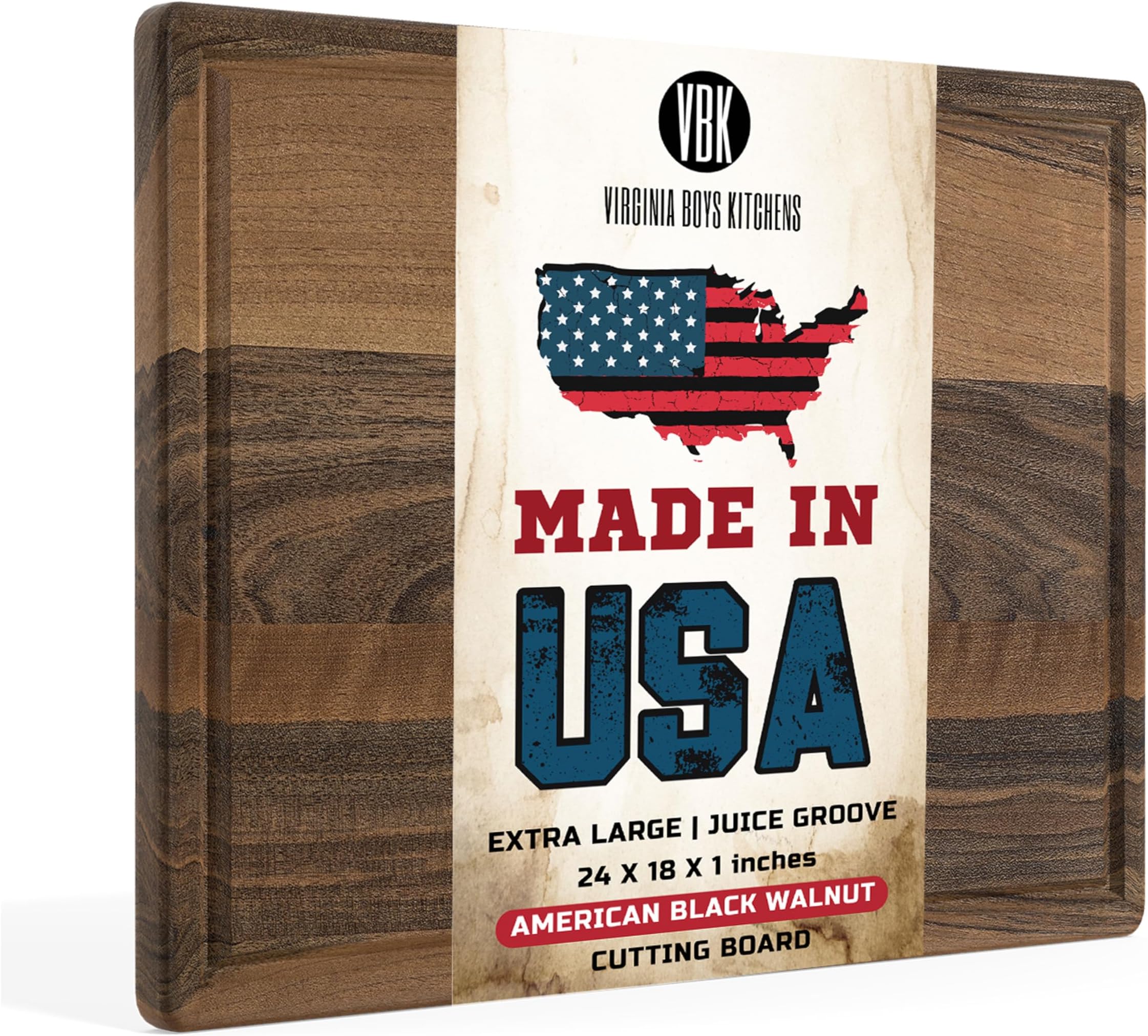 Virginia Boys Kitchens - Made in USA - Extra Large Walnut Wood Cutting Board - Brisket and Turkey Carving Board - Reversible with Juice Groove (Walnut, 24inx18inx1in)