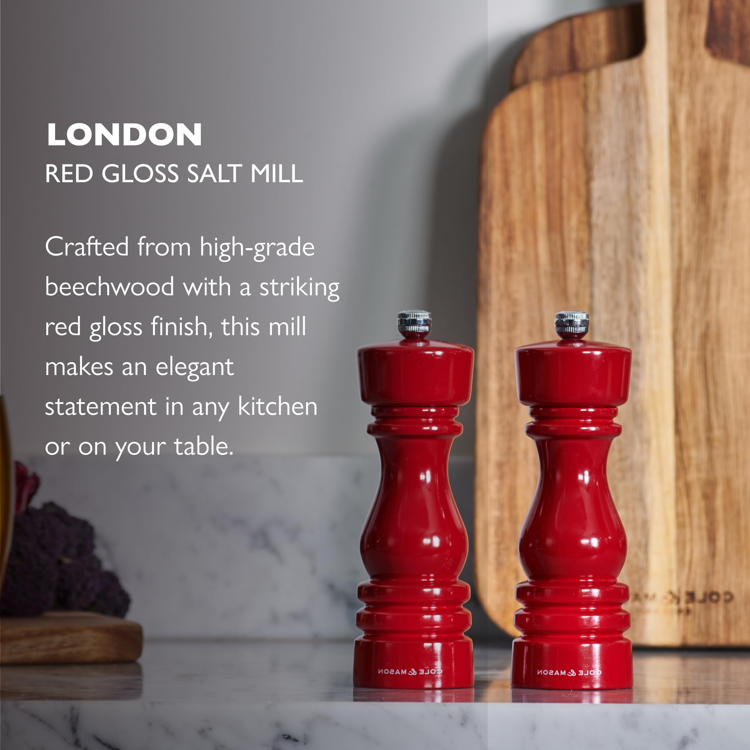 Cole & Mason H233099 London Moulin à sel rouge brillant avec mécanisme en céramique non corrosif avec mouture réglable en bois de hêtre 180 mm