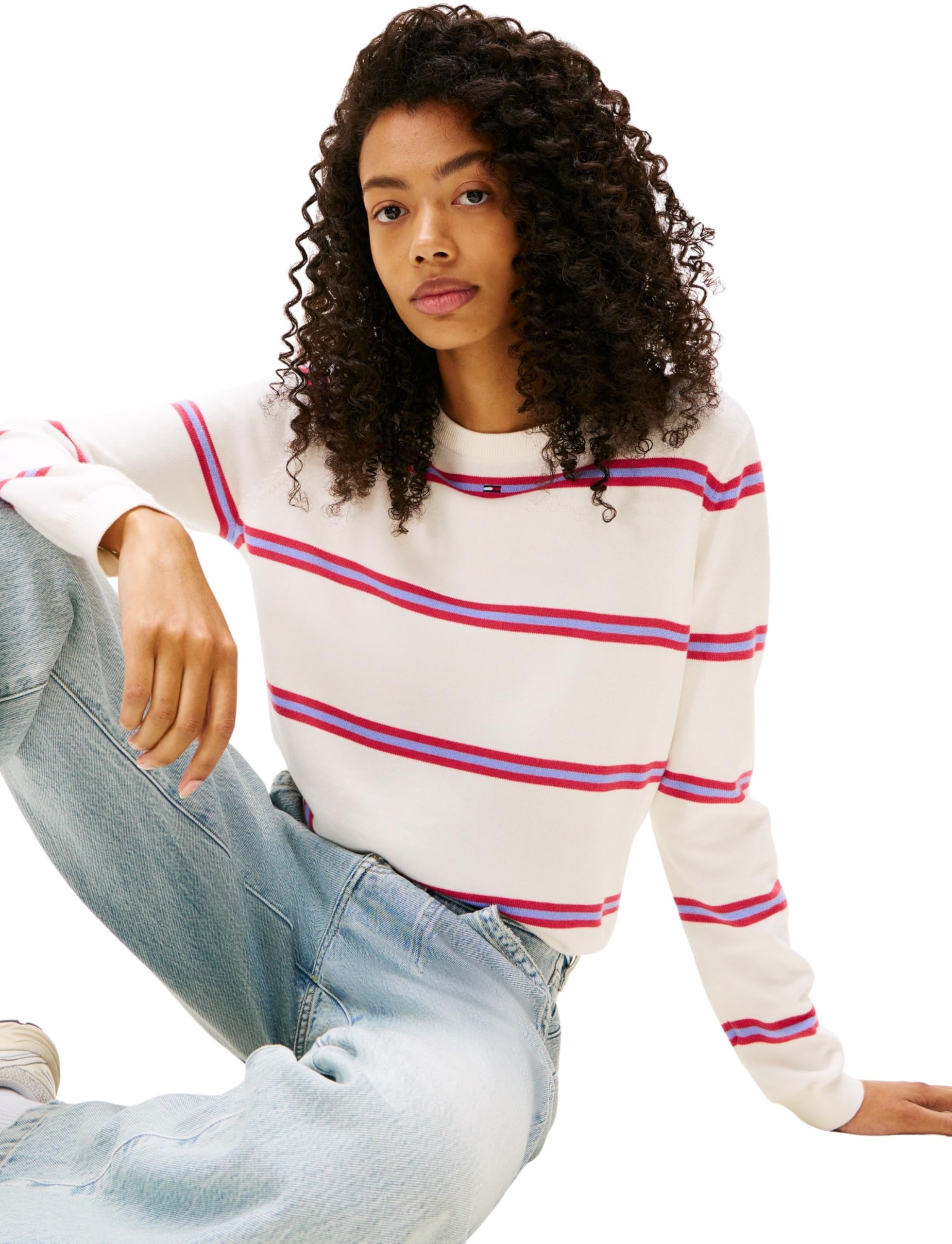 Tommy Jeans Damen Tjw Essential Crew Sweater EXT Dw0dw20159 Pullover, White (Ancient White/Stripe), XL EU