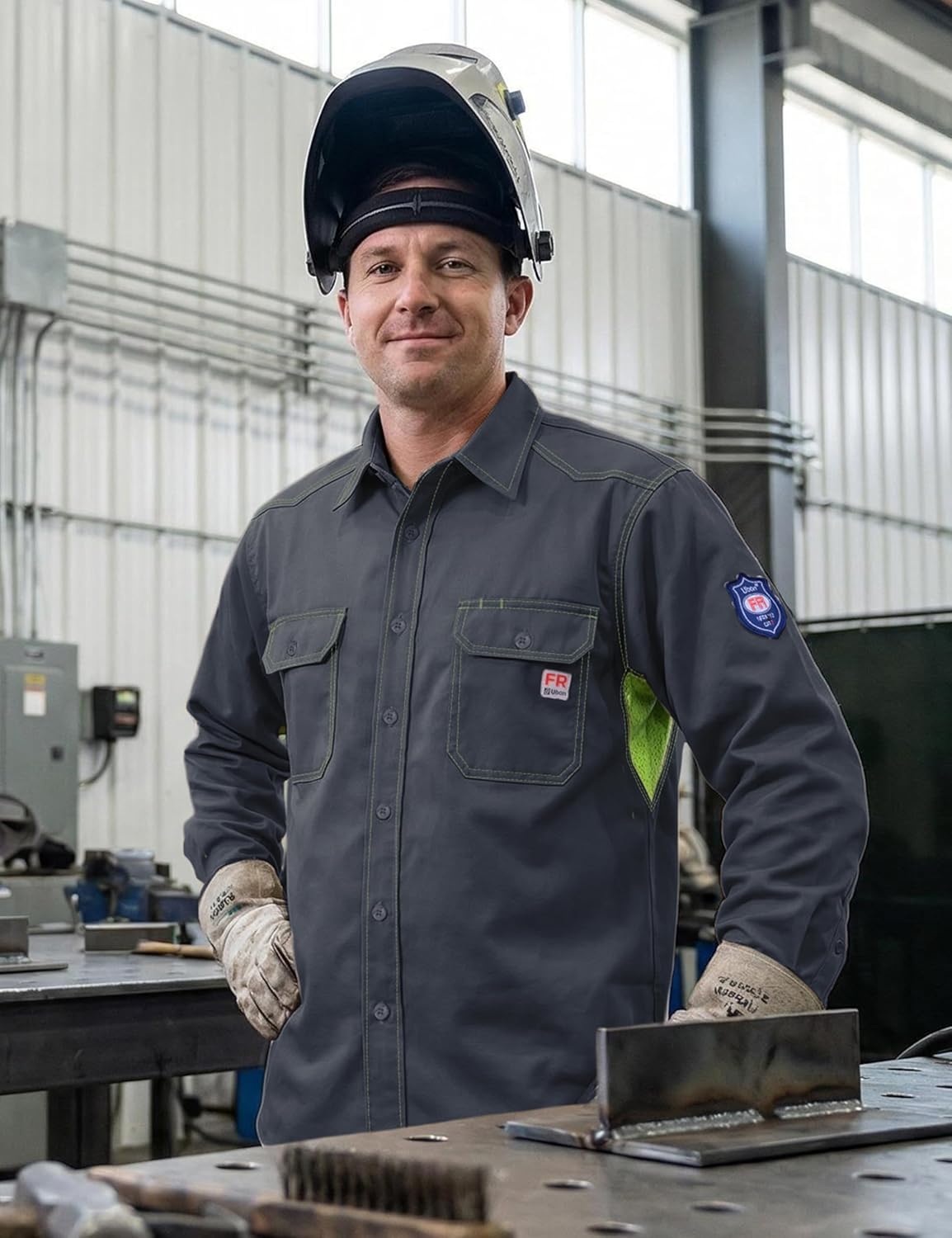 Ubon Men's FR Shirts Lightweight Welding Shirt with Vented Mesh Back, Flame Resistant Work Shirt for Summer