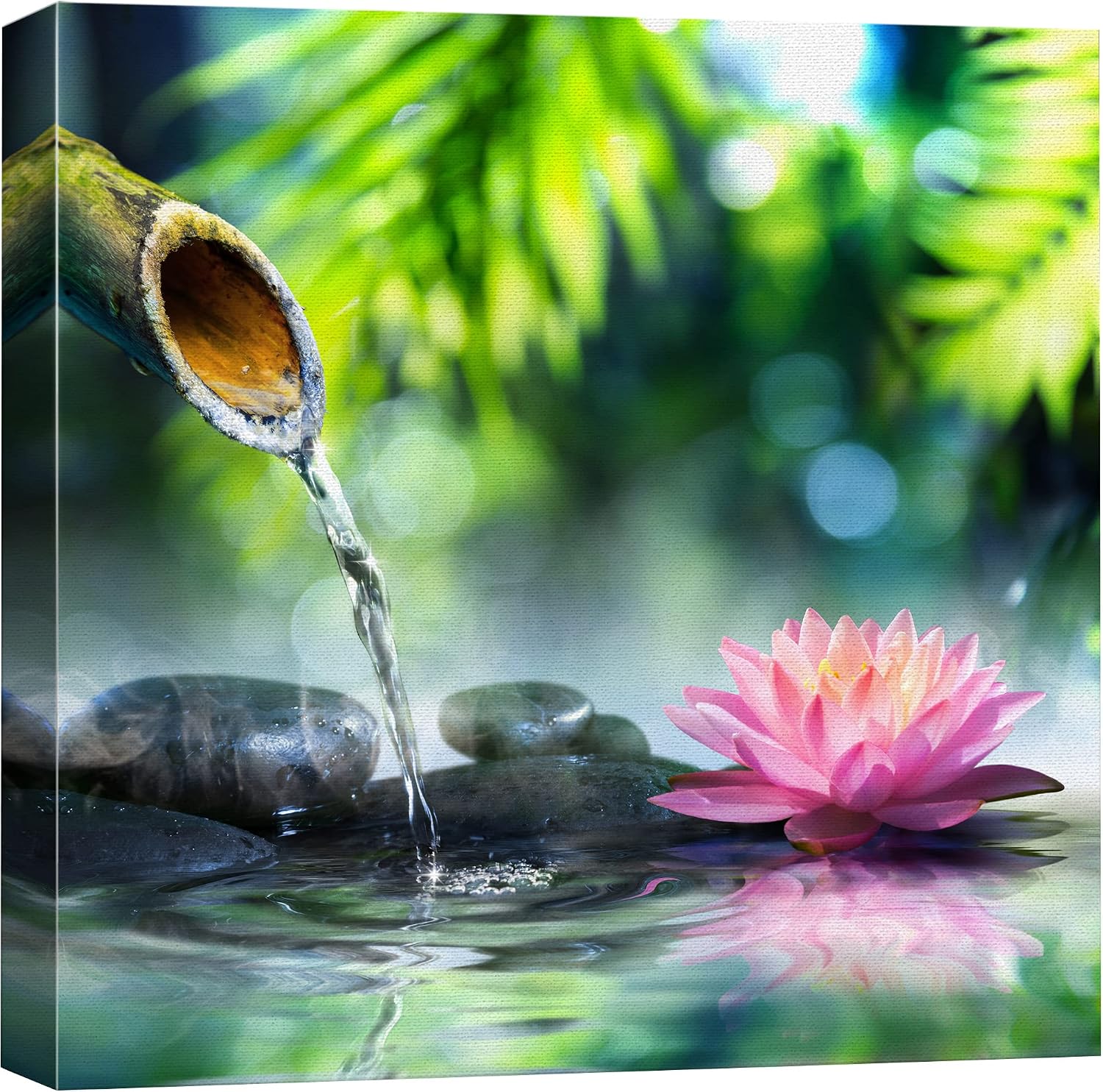 wall26 Canvas Print Wall Art Zen Garden with Bamboo and Pink Water Lily Floral Nature Digital Art Modern Art Rustic Scenic Relax/Calm Colorful for Living Room, Bedroom, Office - 24"x24"