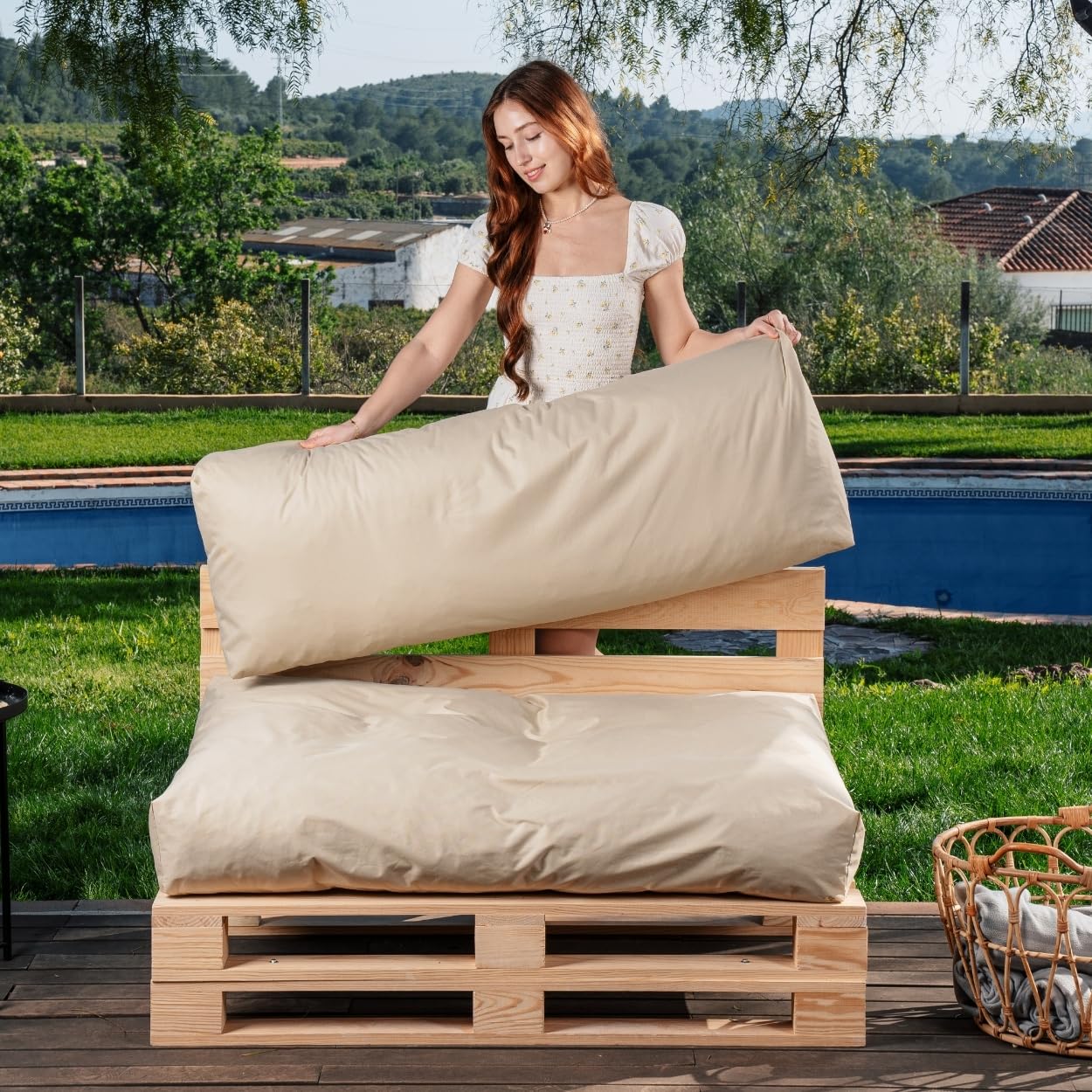 bananair Coussins Palettes Déhoussables, Tissu Imperméable et Anti-UV – Set 1 Assise 120x80 cm + 1 Dossier 120x40 cm (Beige)
