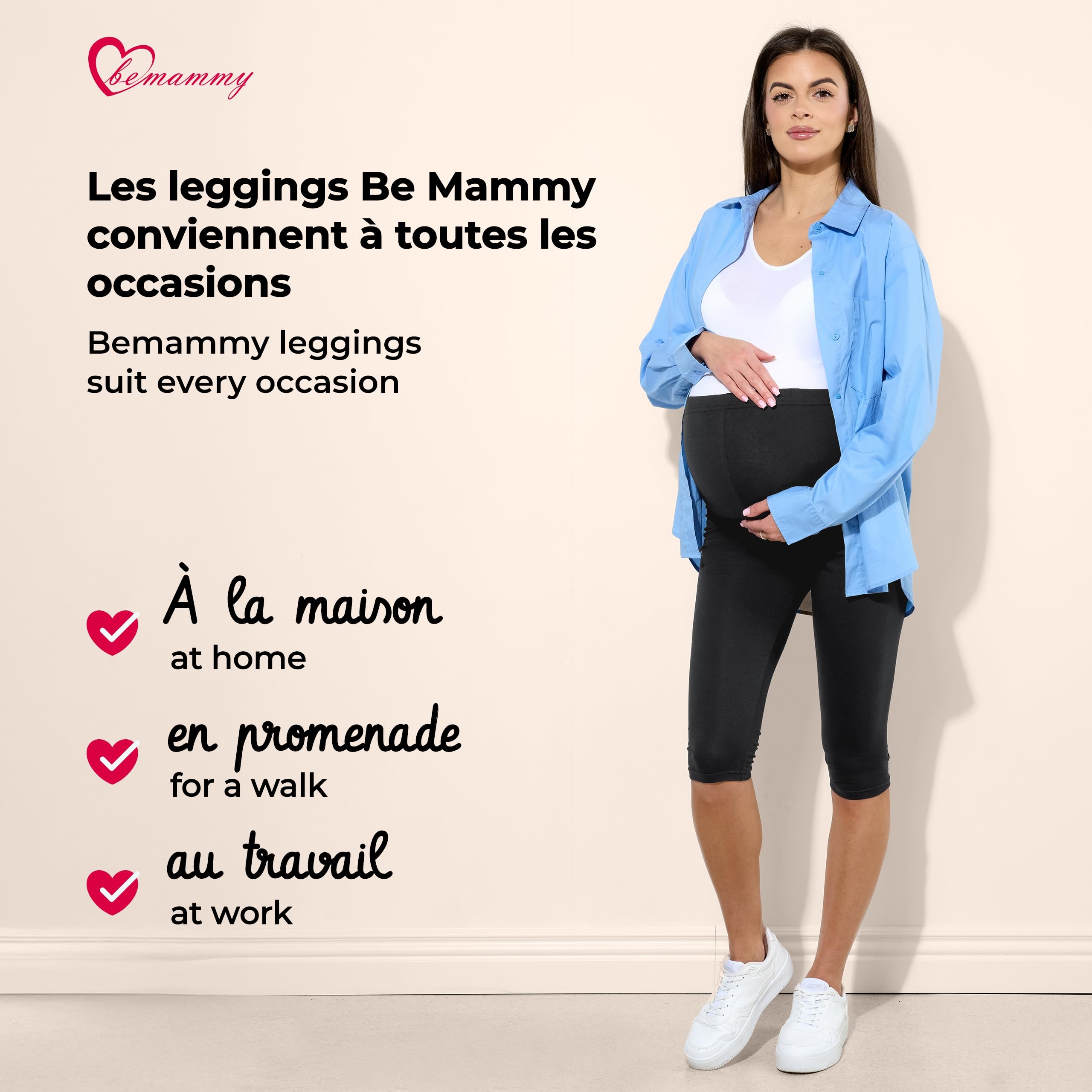 Be Mammy Leggings de maternité en Coton 3/4 Courts Confortables et Opaques 3/4 Pantacourt Pantalon Grossesse Maternité 2Pack BE20-229