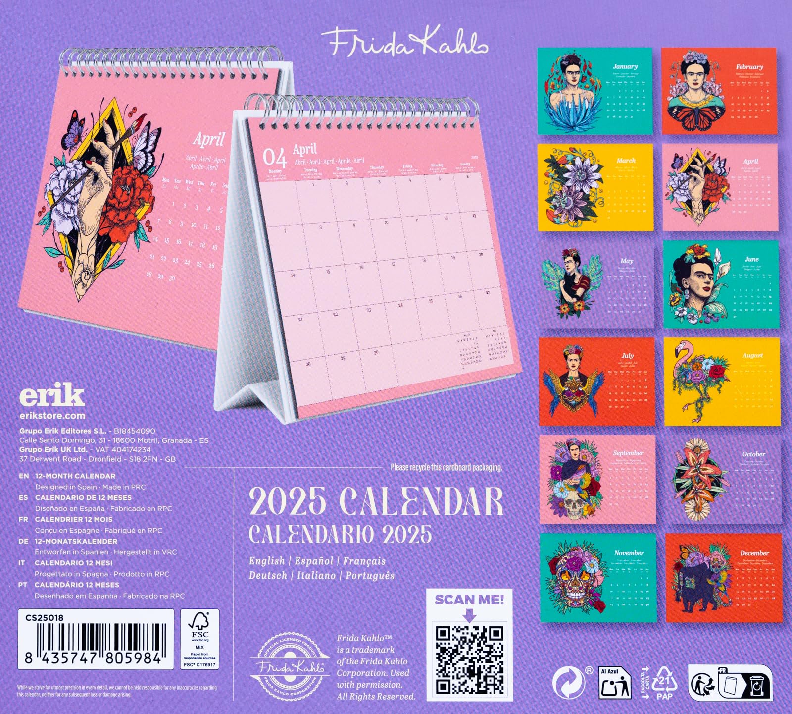 Grupo Erik Desk Calendar 2025 - Frida Kahlo | 8 x 7 inches - 20 x 17 cm | 12 Month Desk Planner, Desktop Calendar 2025 | Frida Kahlo Calendar 2025, Frida Kahlo Gifts