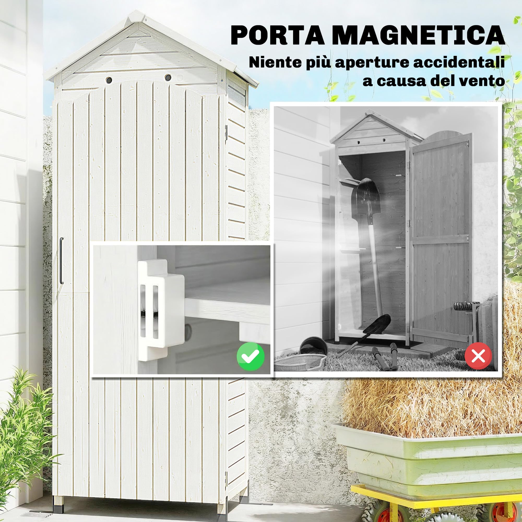Outsunny Armadio da Giardino in Legno Alto, Casetta Porta Attrezzi da Esterno con Tetto Inclinato Zincato, Ripiani Regolabili, Prese d'Aria, Kit Antiribaltamento, 85x58x213cm, Finitura Goffrata Bianco