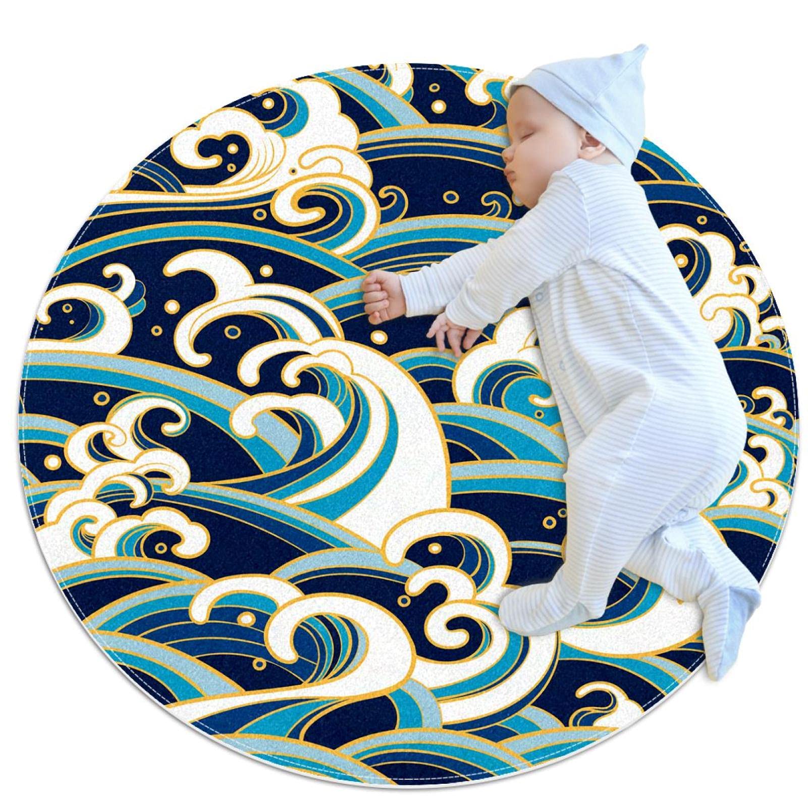 Tapis de salle de bain oriental rond bleu et blanc de 1m de diamètre antidérapant