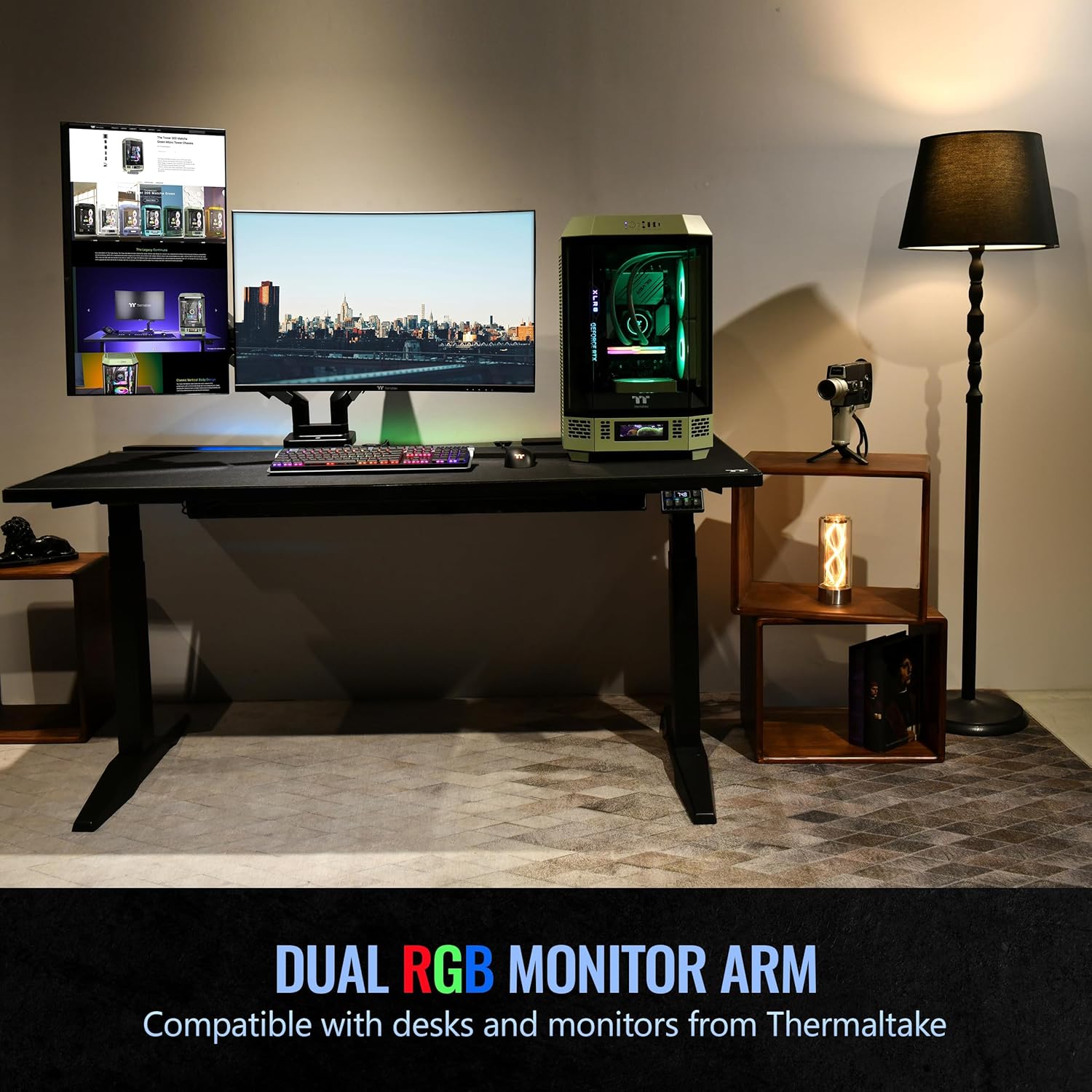 Diagram showing monitor arm dimensions and VESA plate attachment