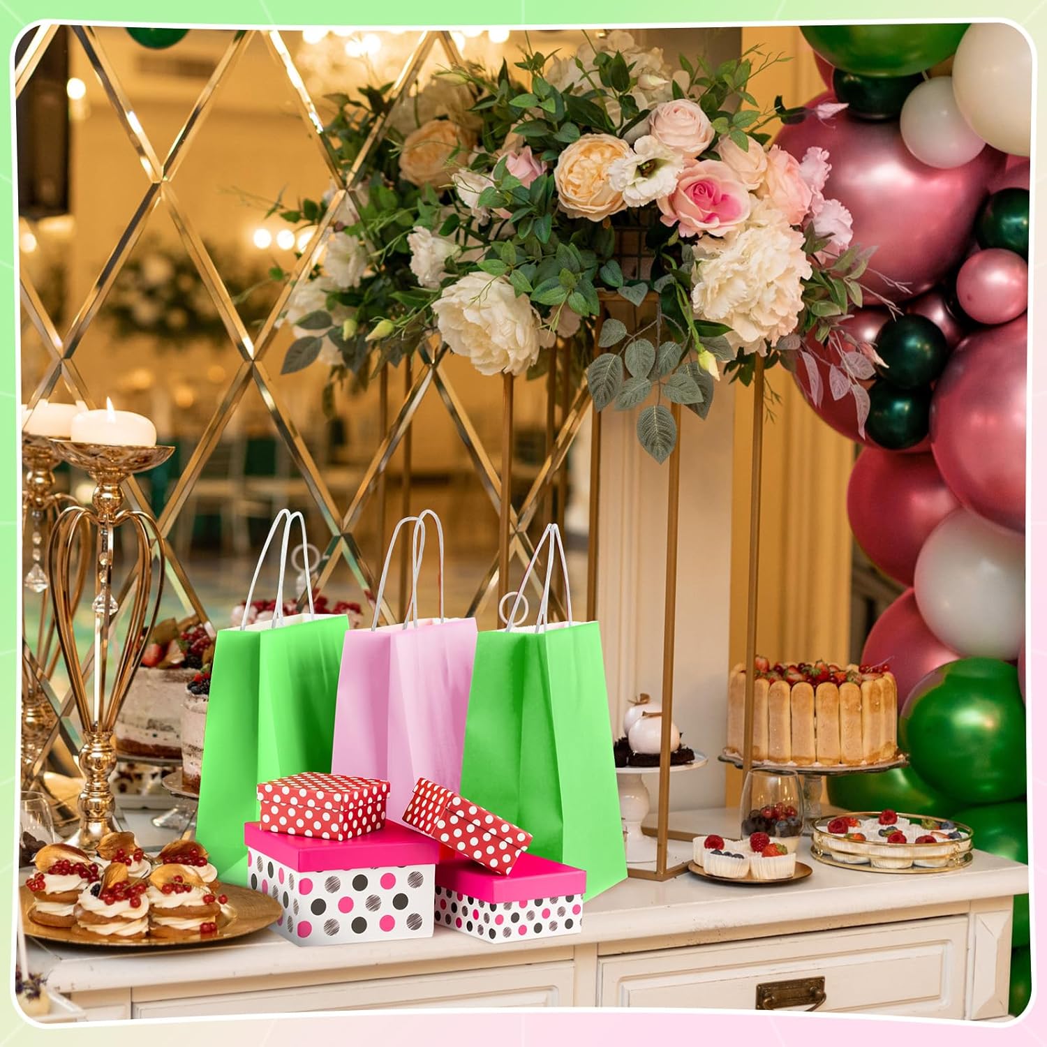 Kolldenn 24 Pcs Christmas Witch Party Gift Bags Pink and Green Treat Bag 6.3 x 3.15 x 8.7 '' Paper Favor Goodie Bags with Handle for Princess Baby Shower Birthday Party Supplies - Image 7